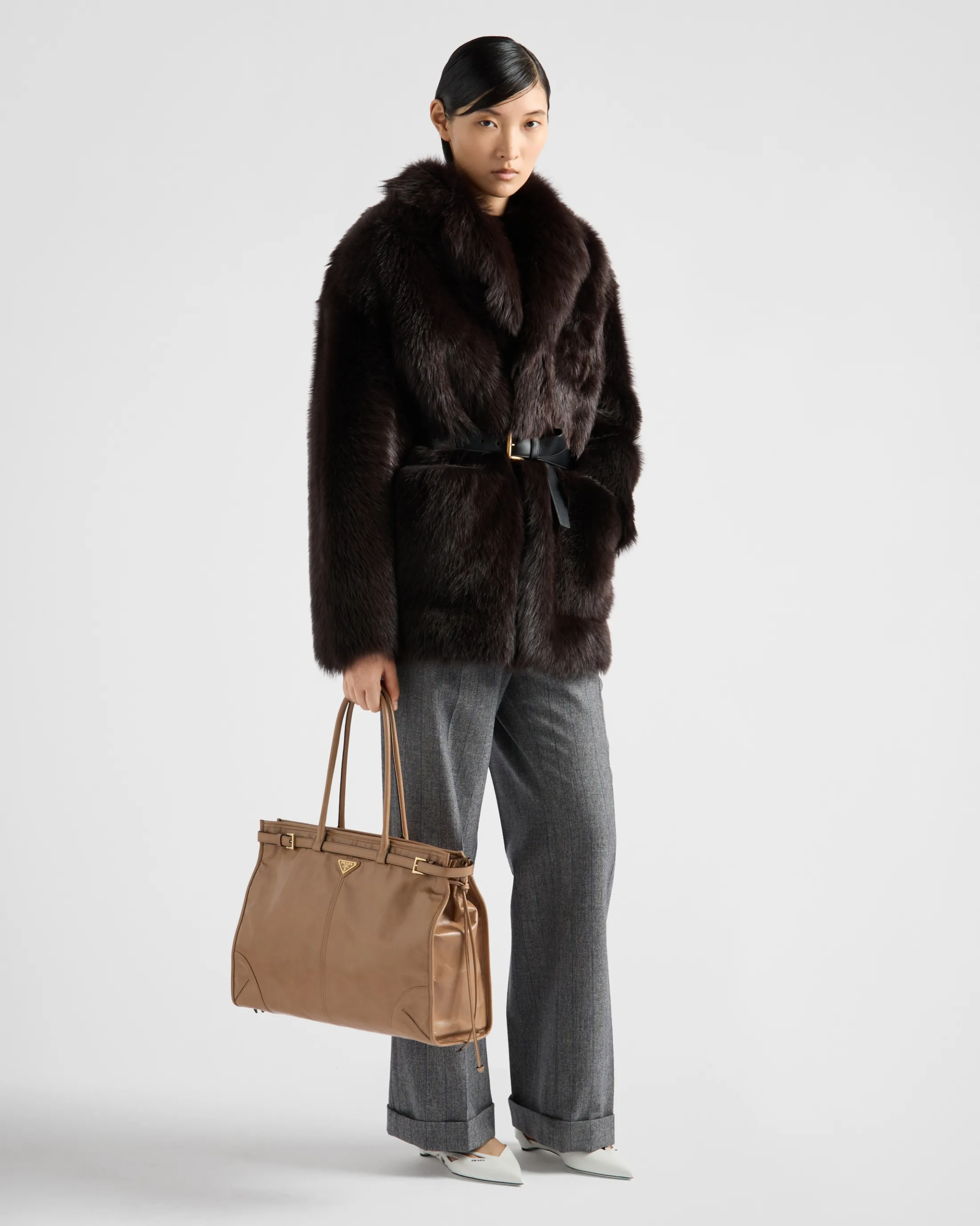 Prada Belted shearling caban jacket Darkbrown Hot