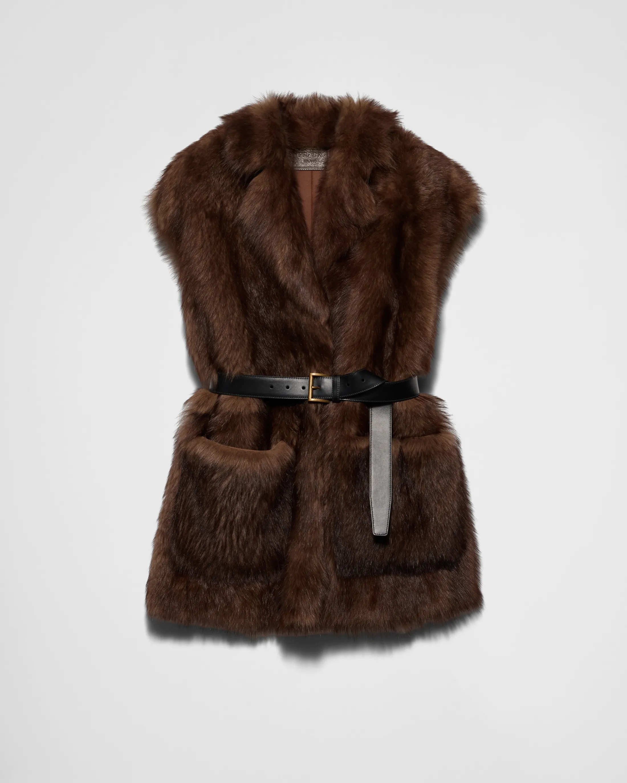 Prada Belted shearling vest Mahoghany Clearance