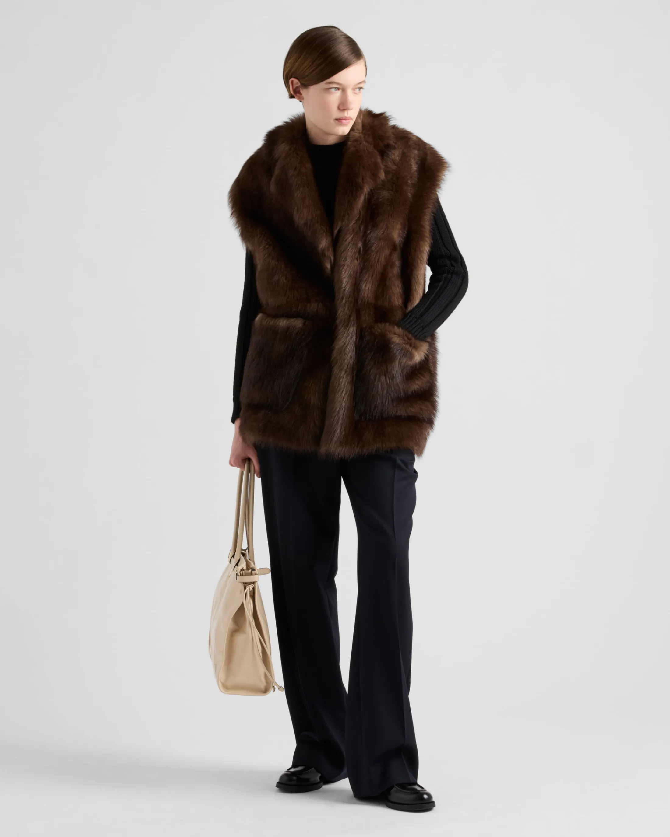 Prada Belted shearling vest Mahoghany Clearance