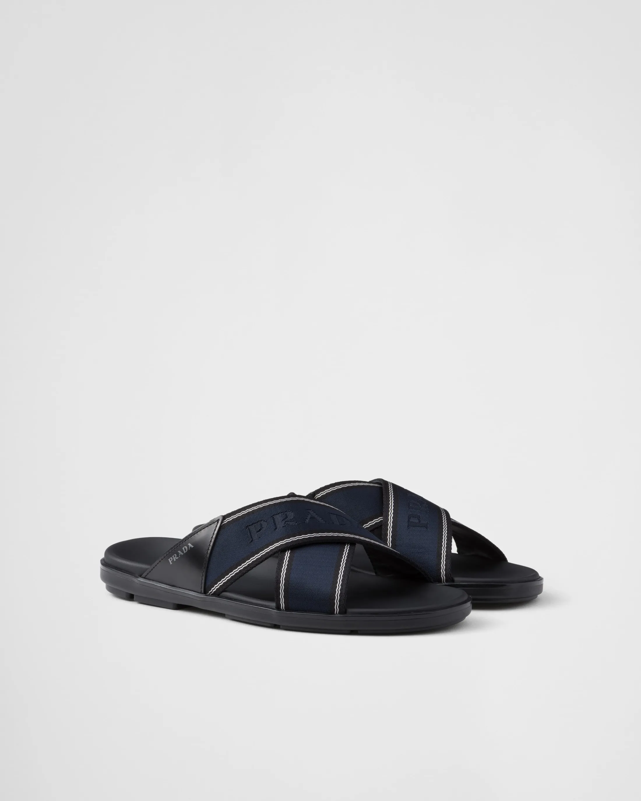 Prada Brushed leather and Re-Nylon tape crisscross slides Black/ultramarine Online