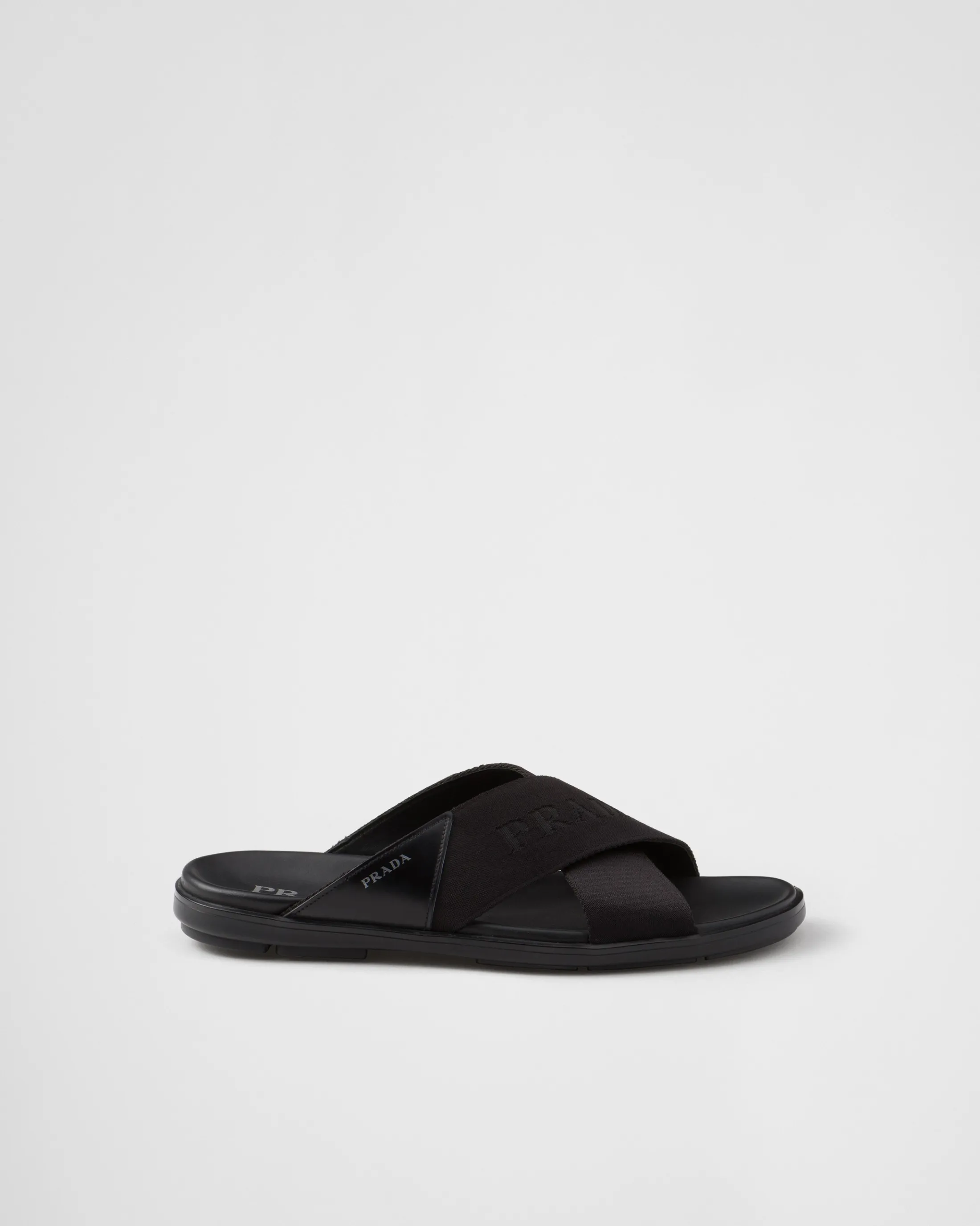 Prada Brushed leather and Re-Nylon tape crisscross slides Black Cheap