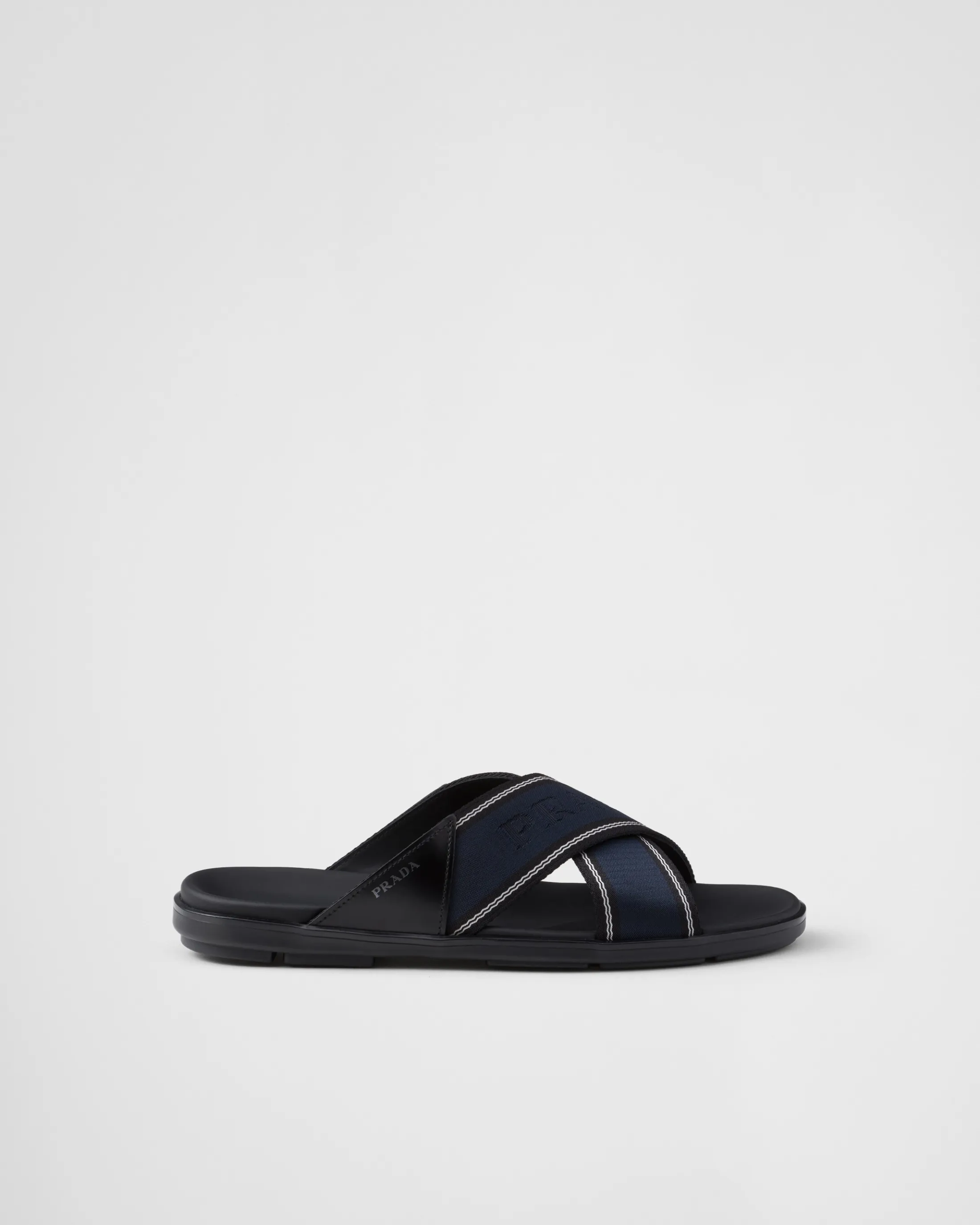 Prada Brushed leather and Re-Nylon tape crisscross slides Black/ultramarine Online