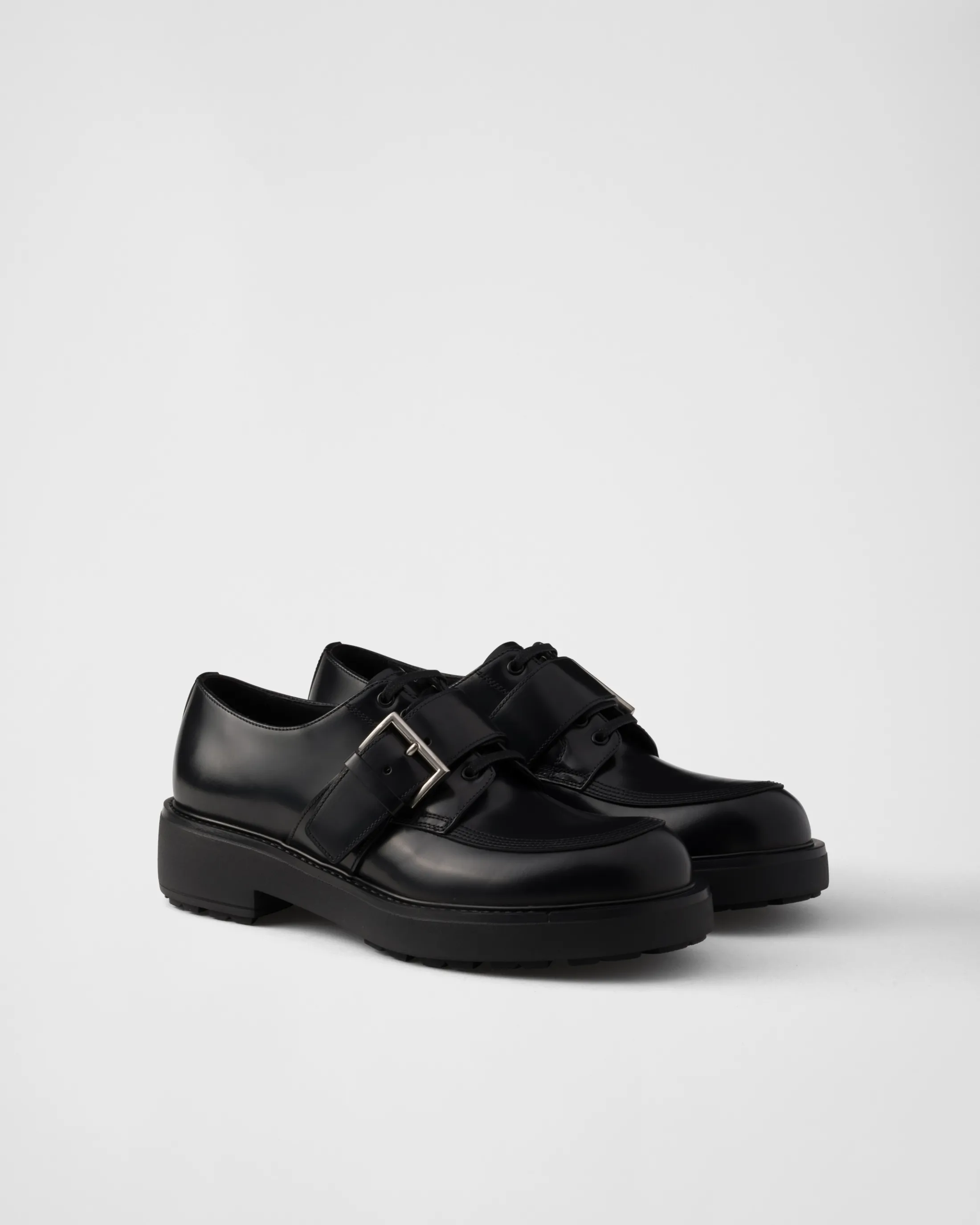 Prada Brushed leather derby shoes with buckle Black Flash Sale