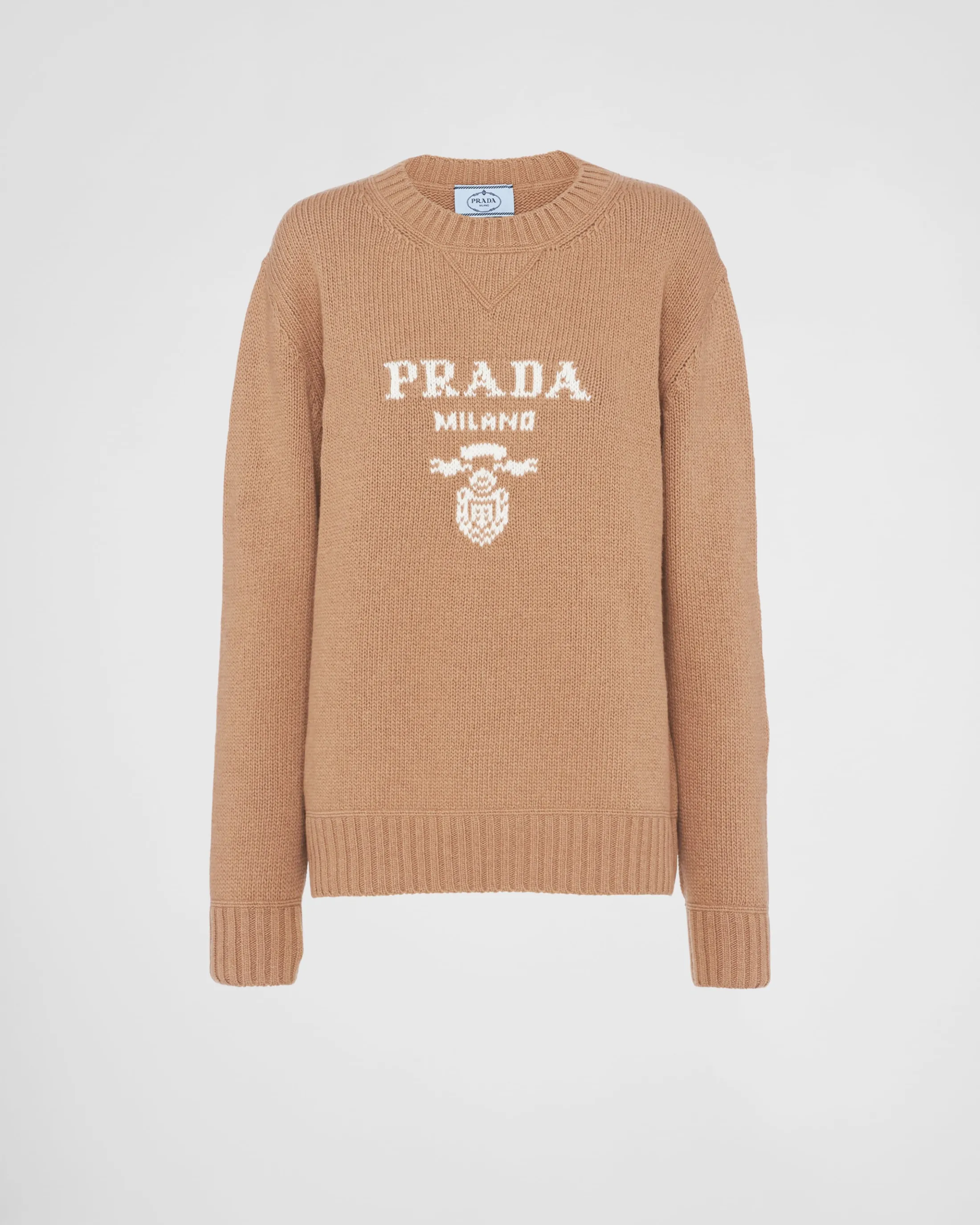 Prada Cashmere and wool logo crew-neck sweater Camelbrown Fashion