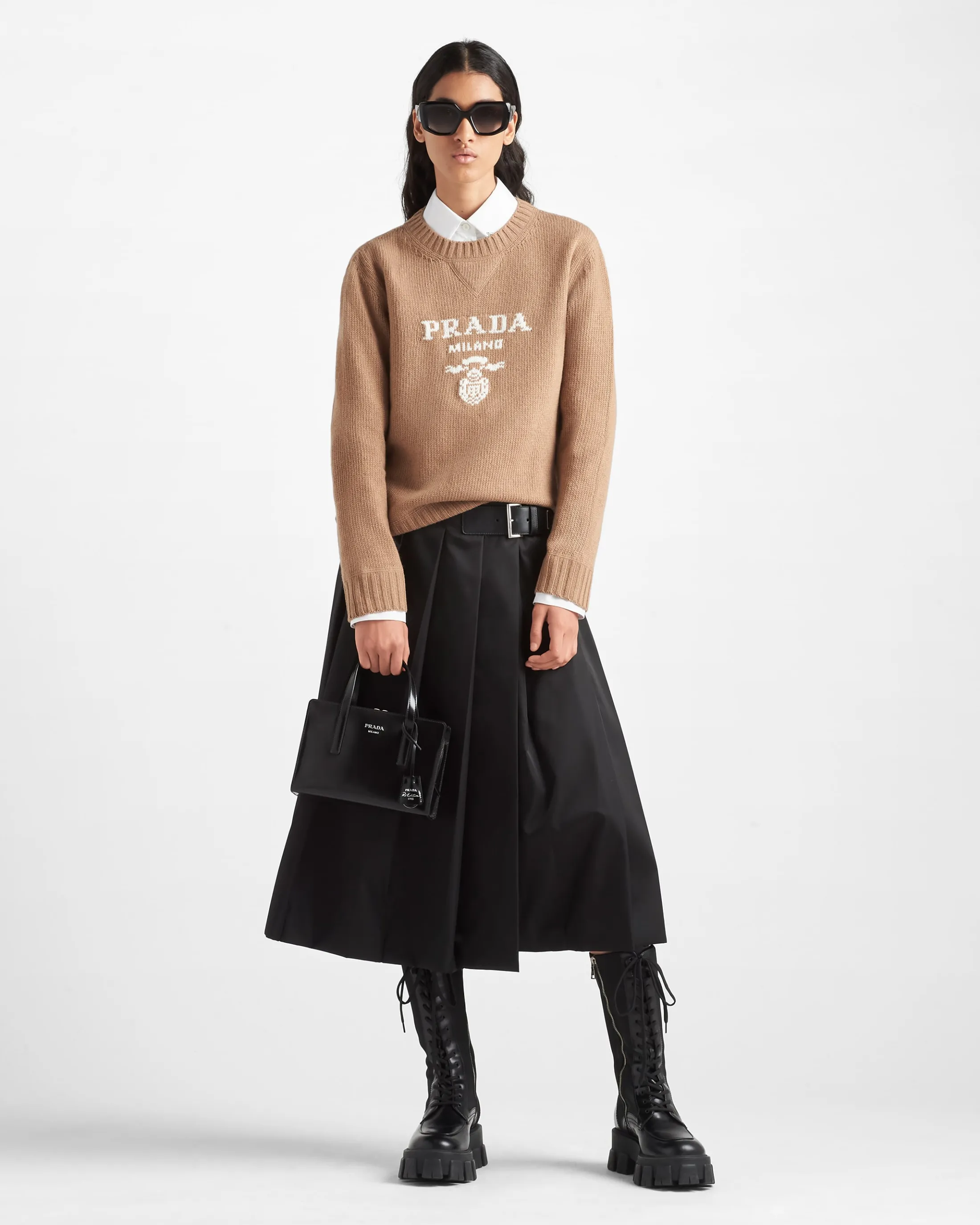 Prada Cashmere and wool logo crew-neck sweater Camelbrown Fashion