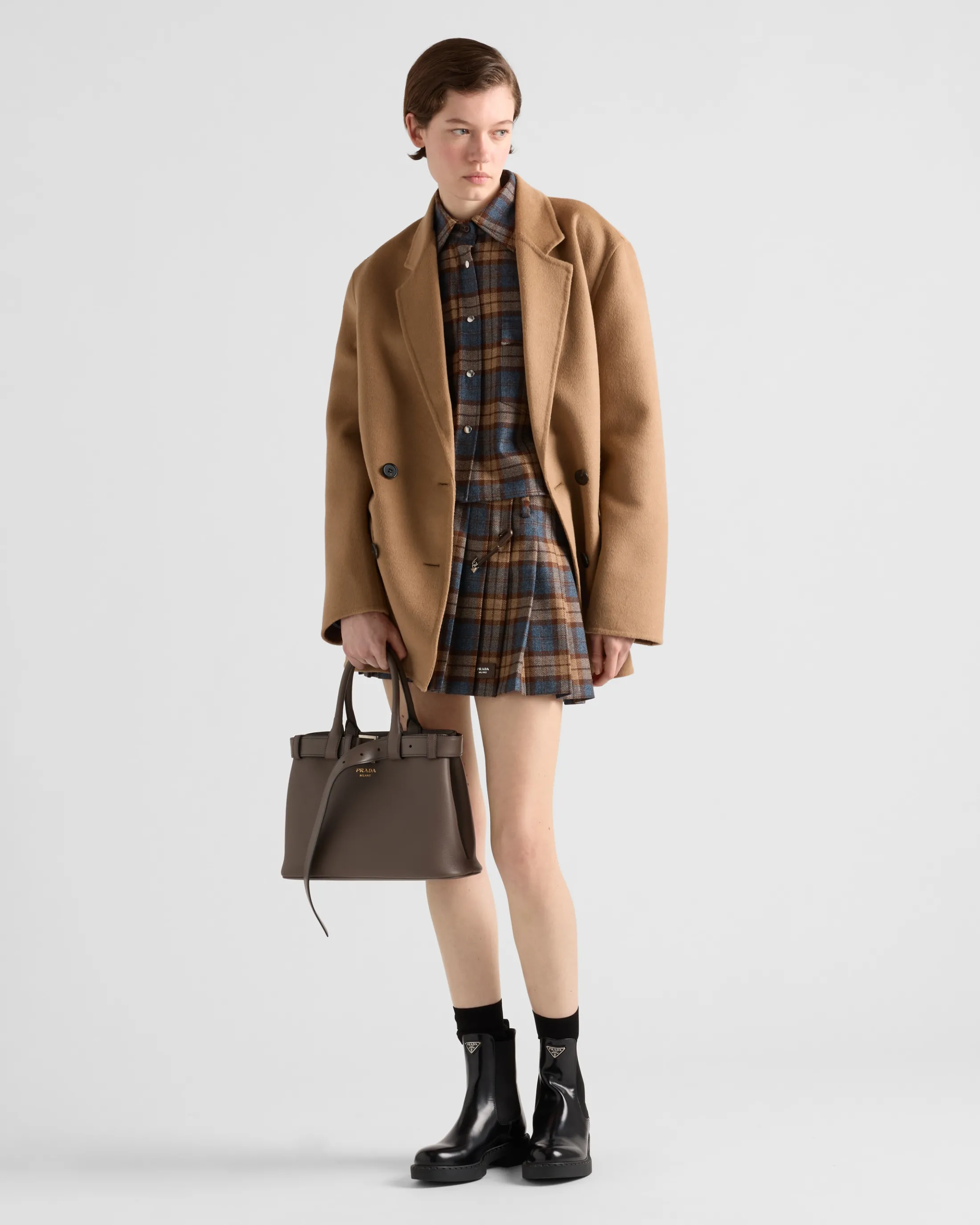 Prada Checked wool twill miniskirt Tobacco Discount