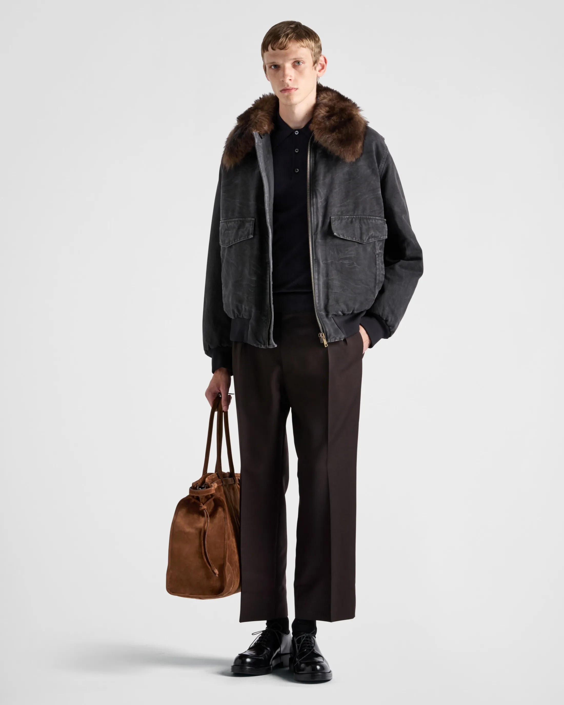 Prada Cotton blouson jacket with shearling collar Black Fashion