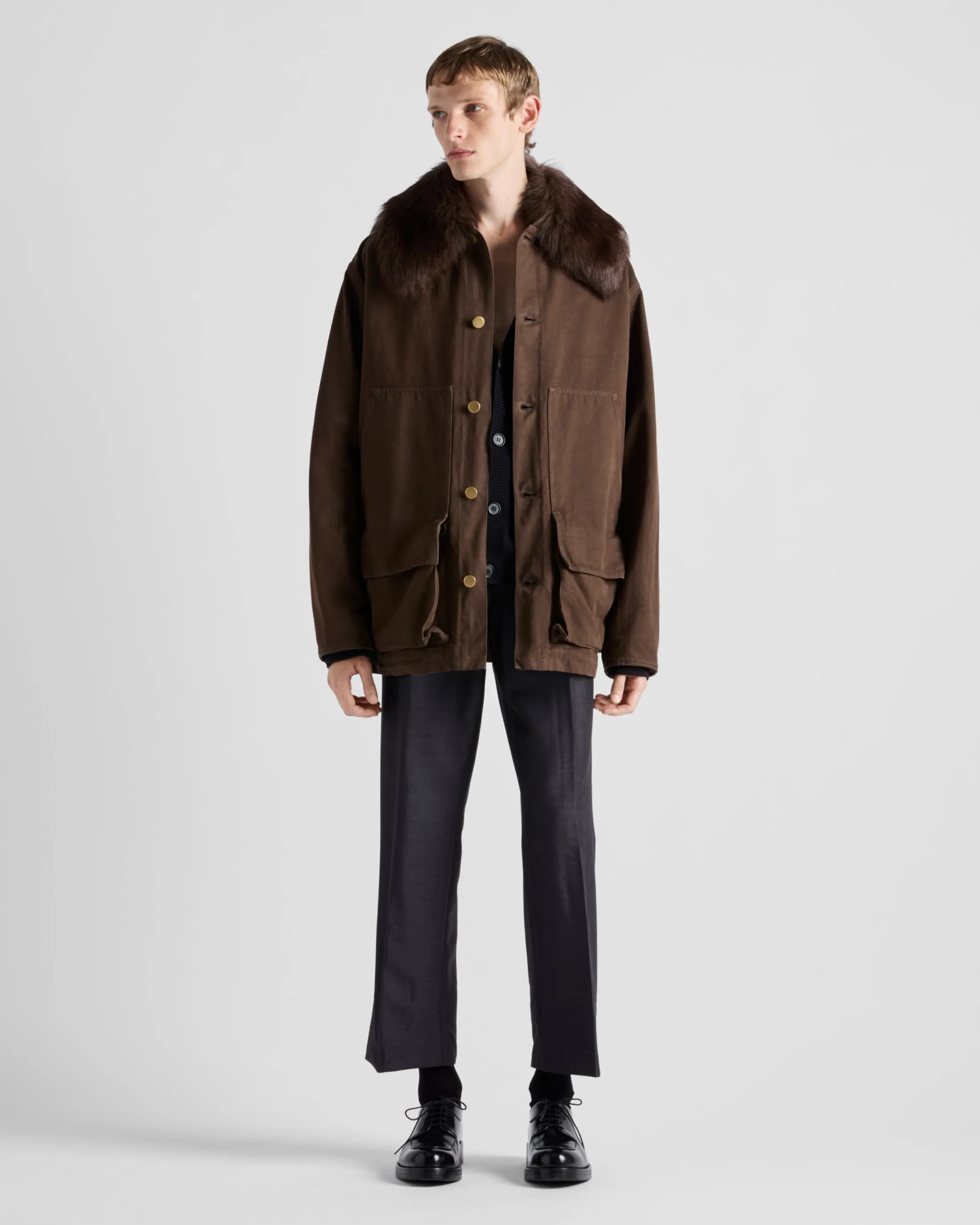 Prada Cotton jacket with shearling collar Brown Best Sale