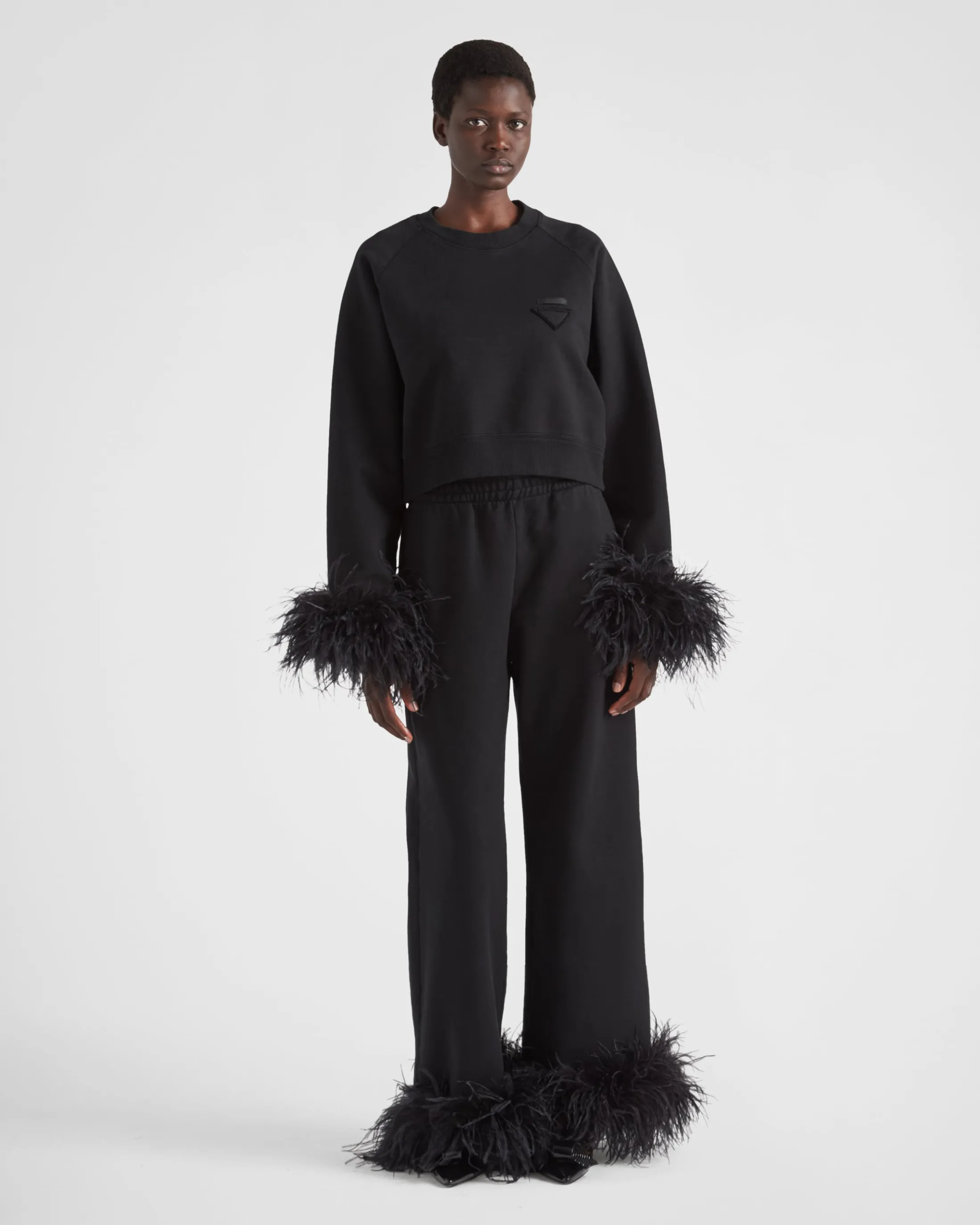 Prada Crew-neck sweatshirt with feather trim Black Clearance