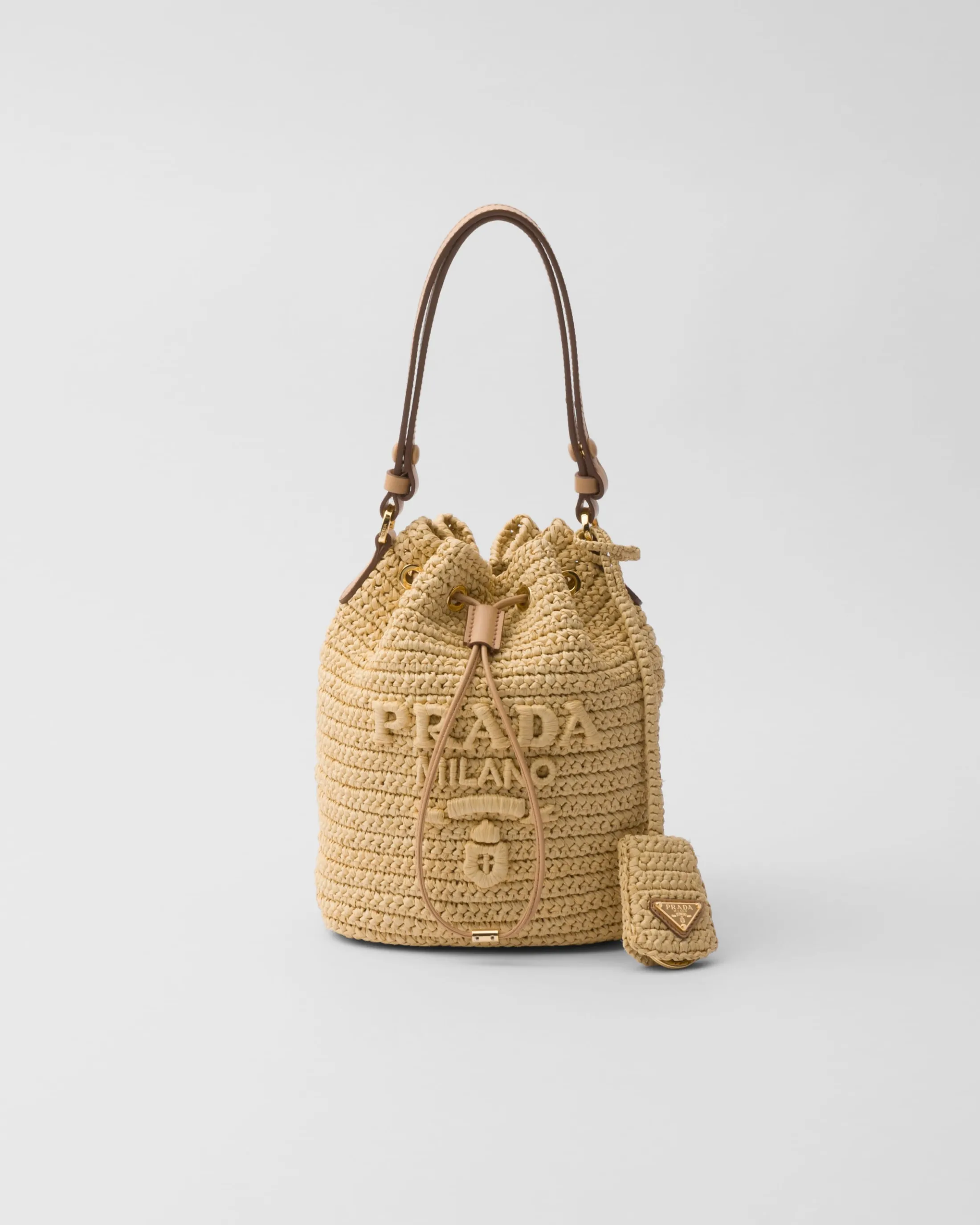 Prada Crochet and leather mini-bucket bag Natural Cheap