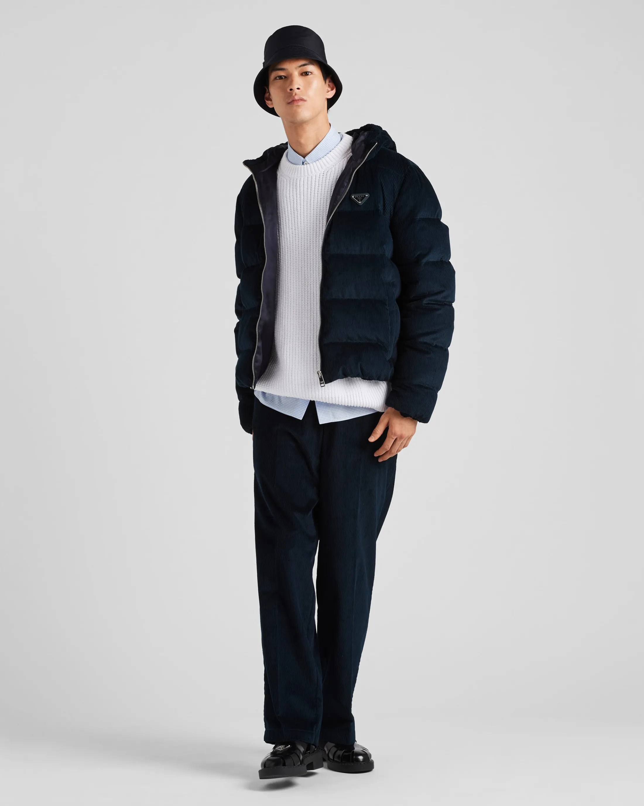 Prada Cropped corduroy down jacket Blue Fashion