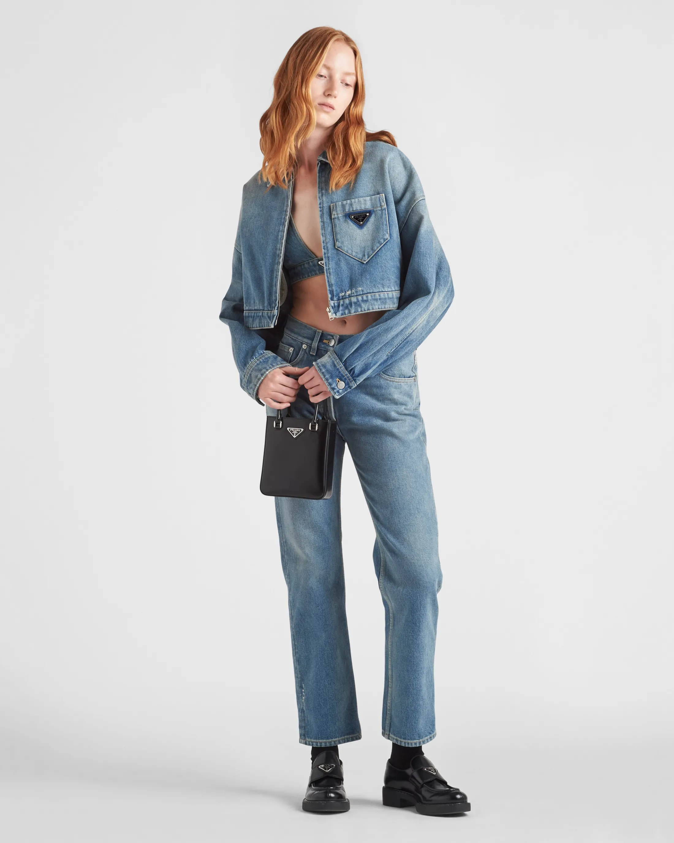 Prada Cropped organic denim jacket Midblue Sale