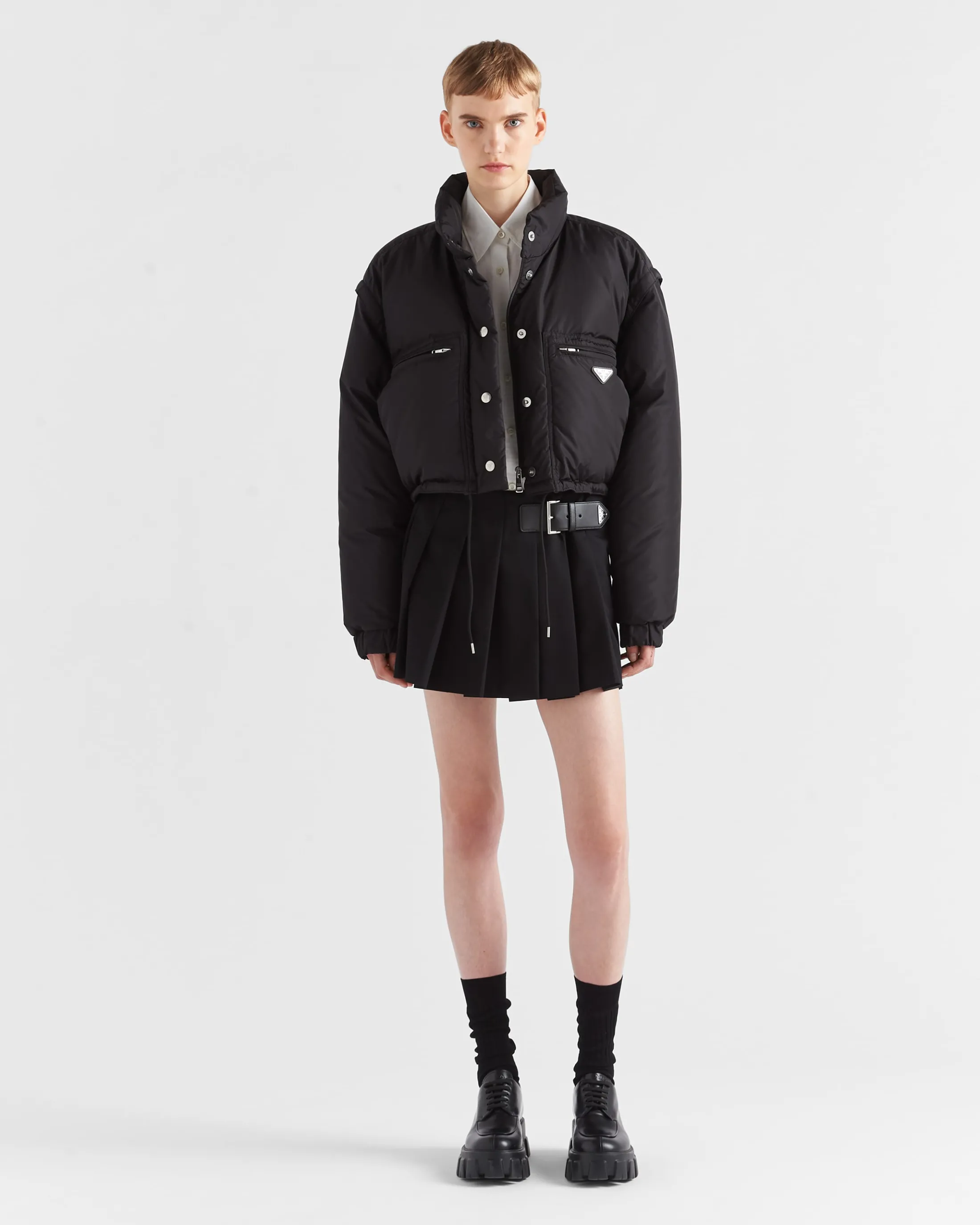 Prada Cropped Re-Nylon down jacket Black/blue Cheap