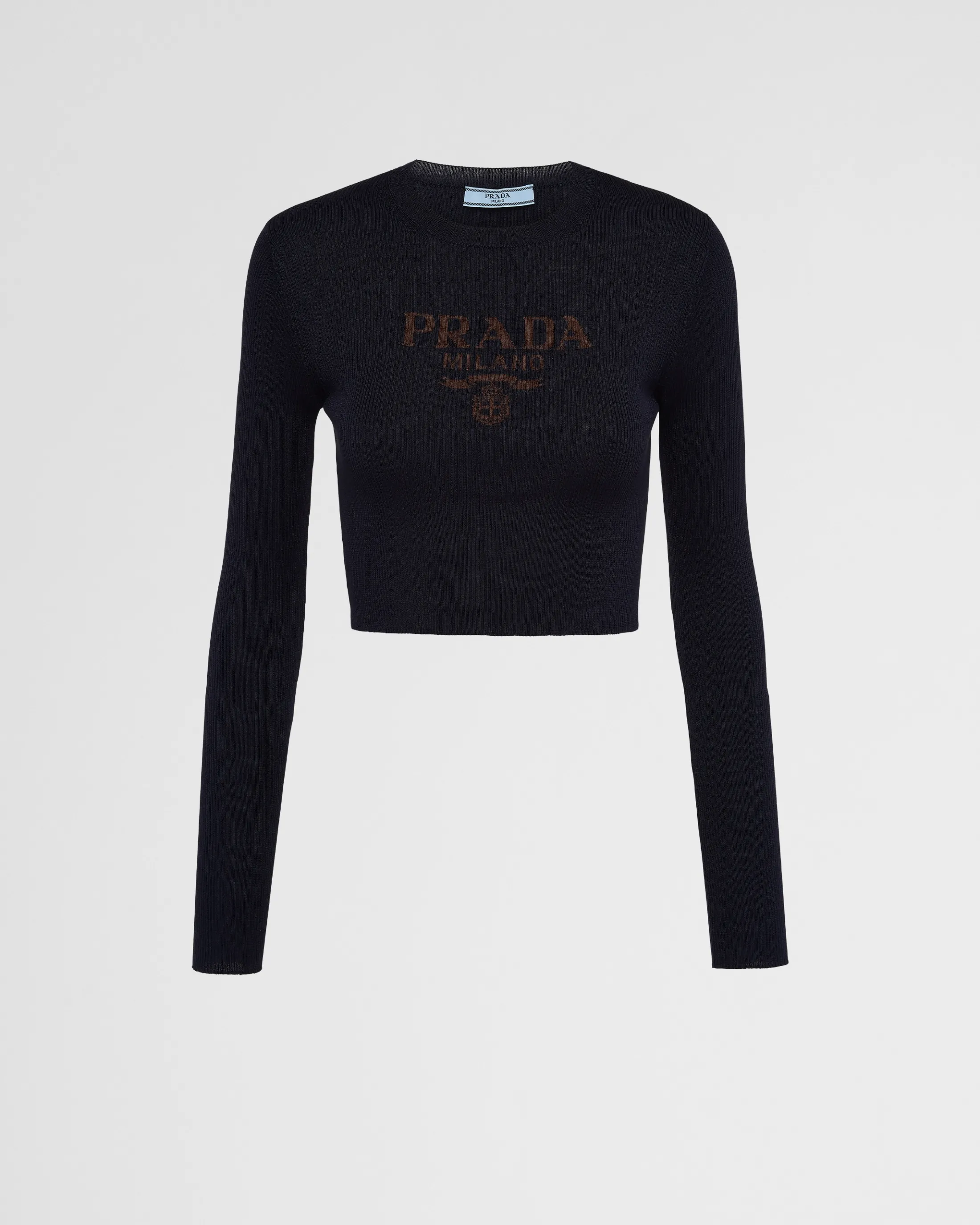 Prada Cropped silk sweater with logo Navy Sale