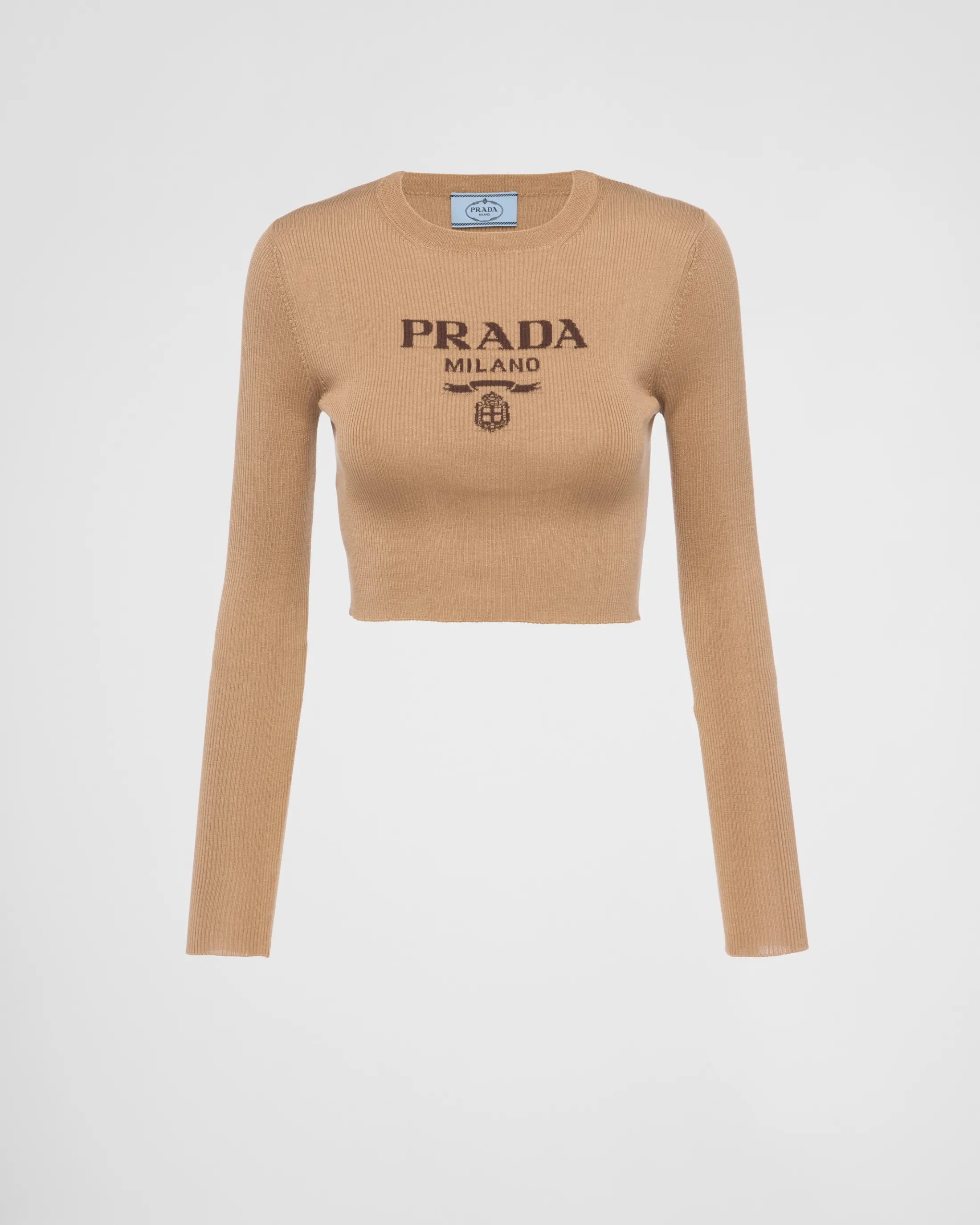 Prada Cropped silk sweater with logo Camelbrown Hot