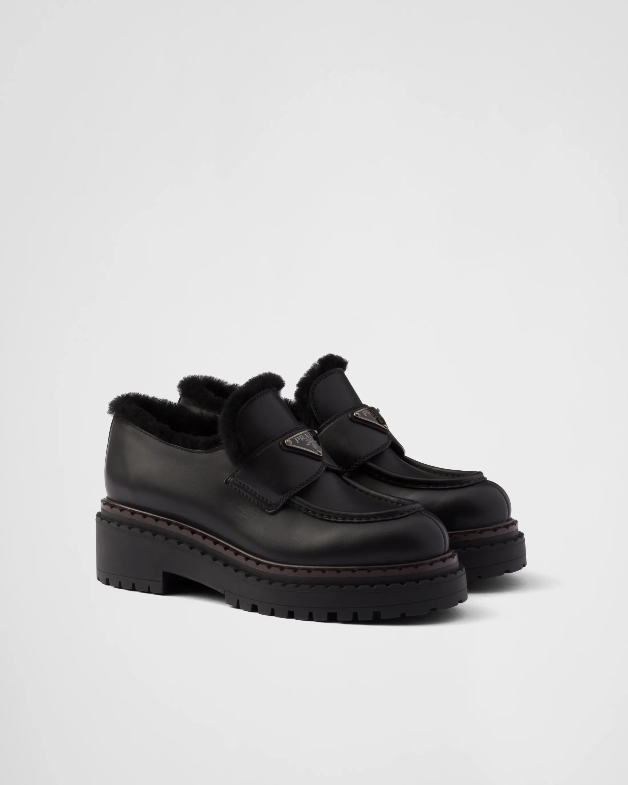 Prada Double Chocolate leather and shearling loafers Black Flash Sale