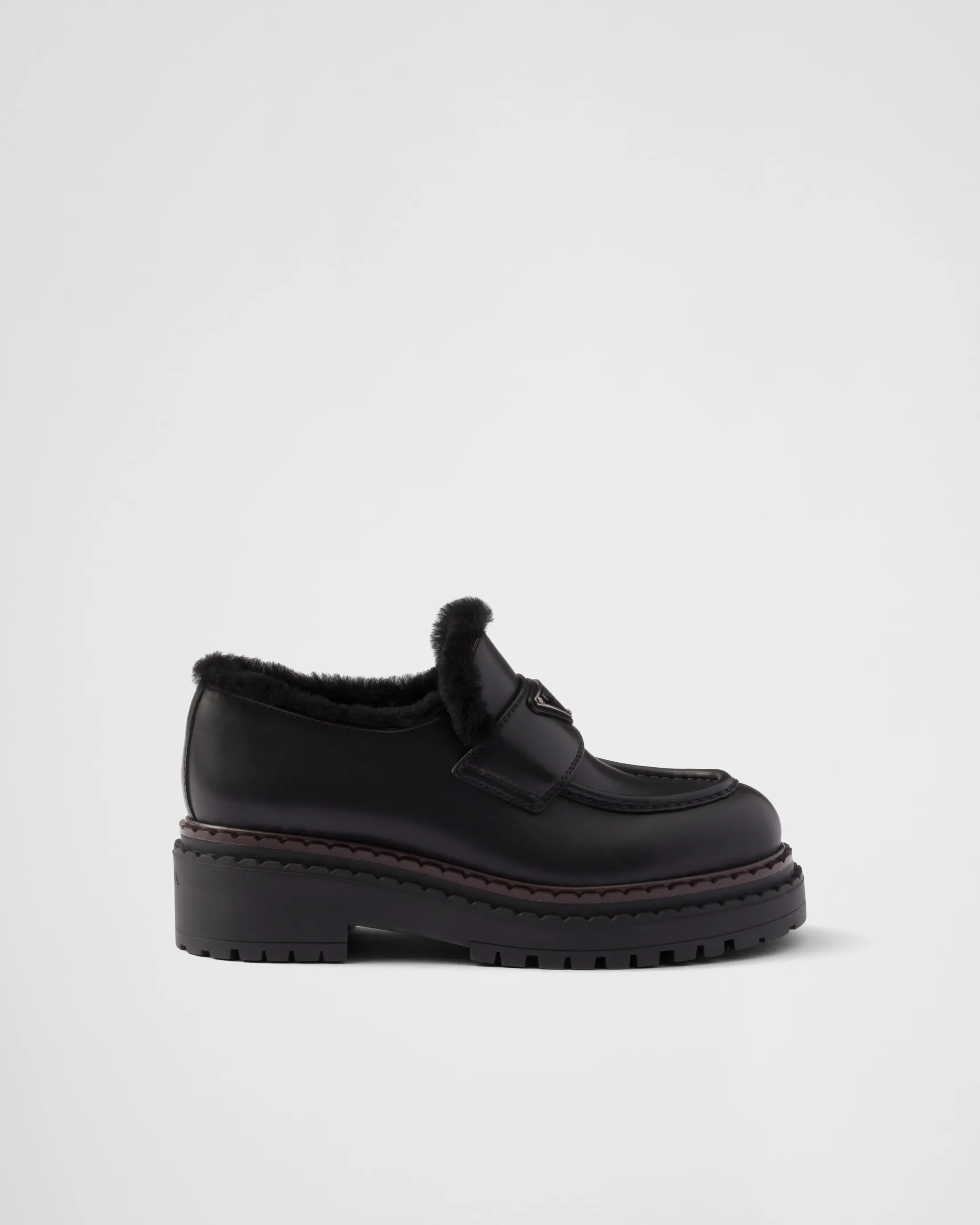 Prada Double Chocolate leather and shearling loafers Black Flash Sale