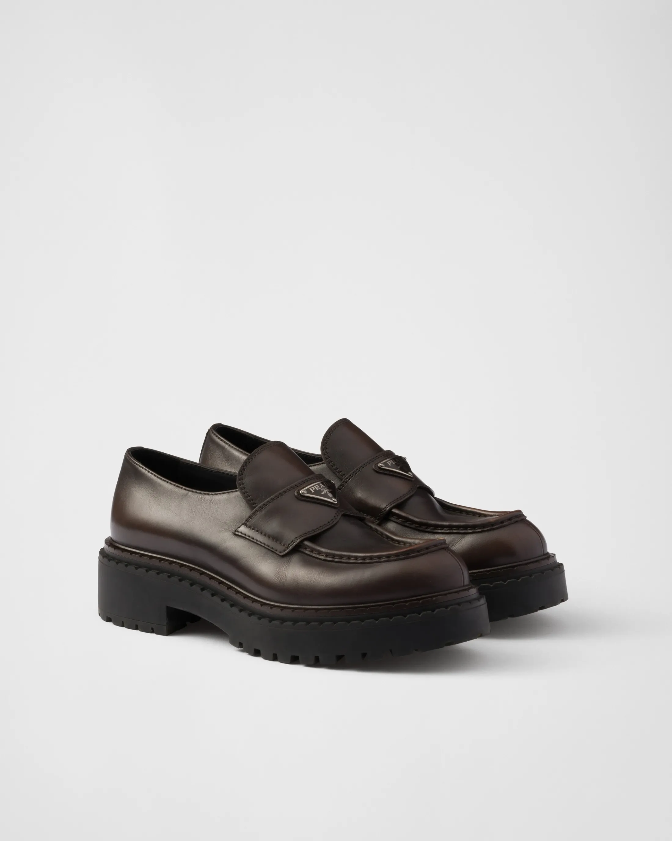 Prada Double Chocolate leather loafers Darkbrown Flash Sale