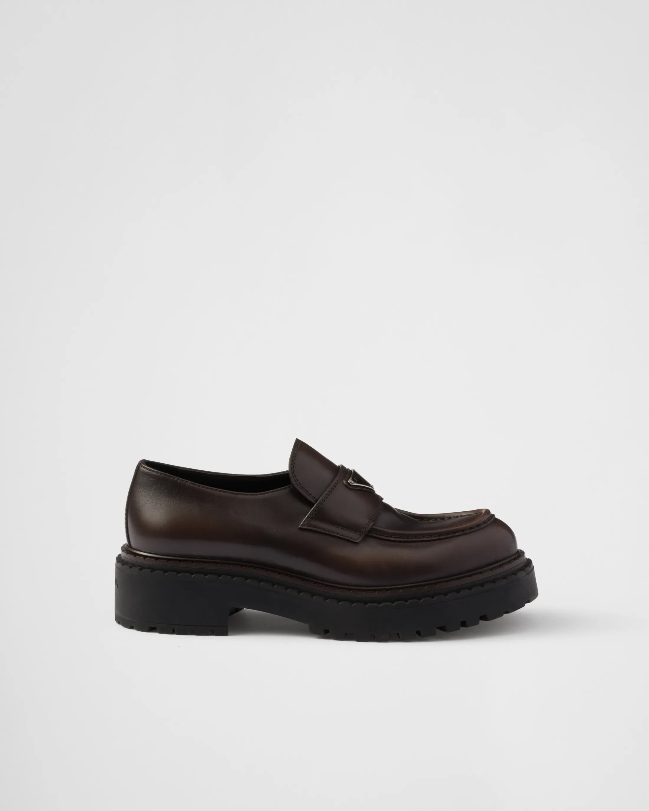 Prada Double Chocolate leather loafers Darkbrown Flash Sale