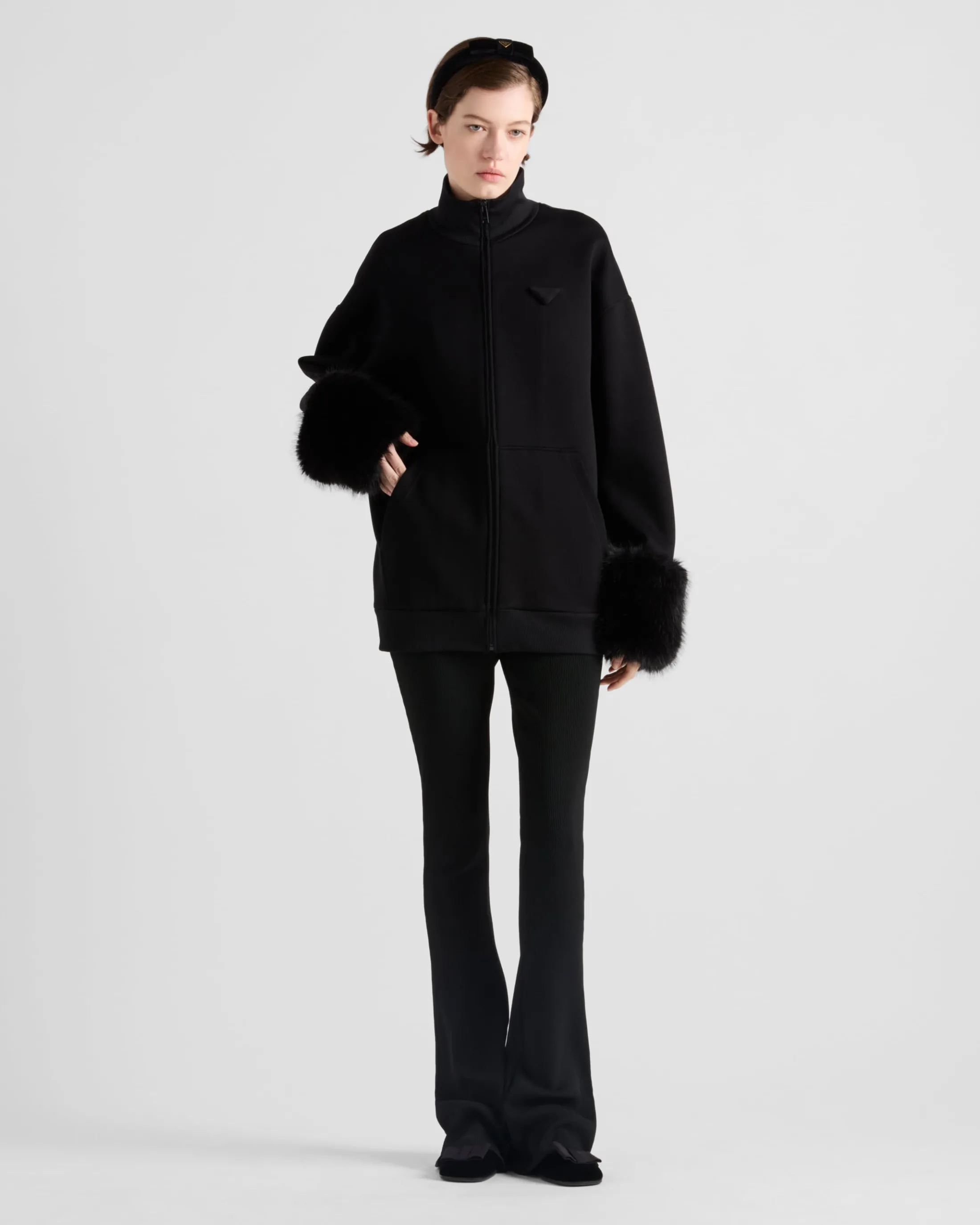 Prada Double fleece high-neck blouson Black Outlet