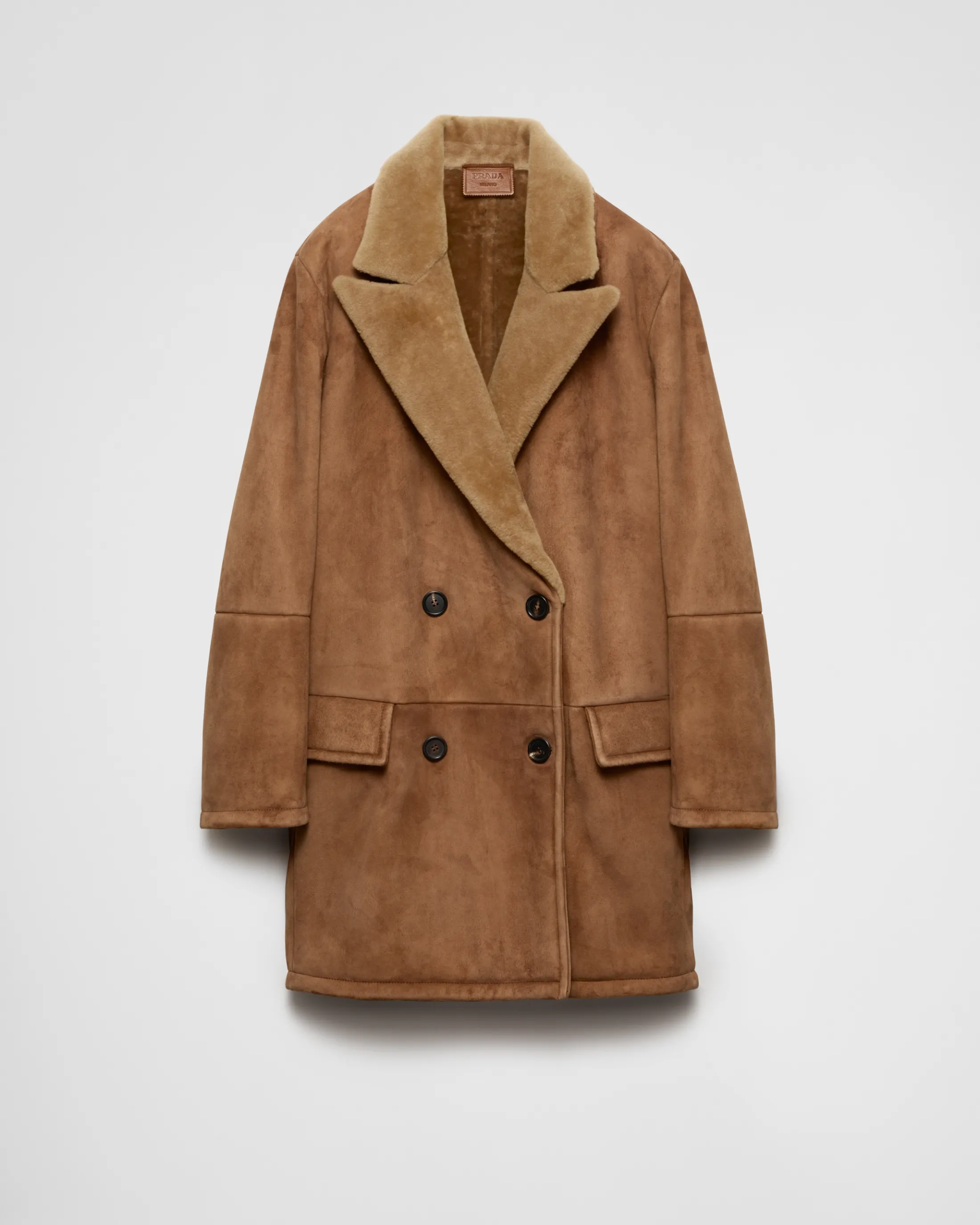 Prada Double-breasted shearling coat Camelbrown Clearance