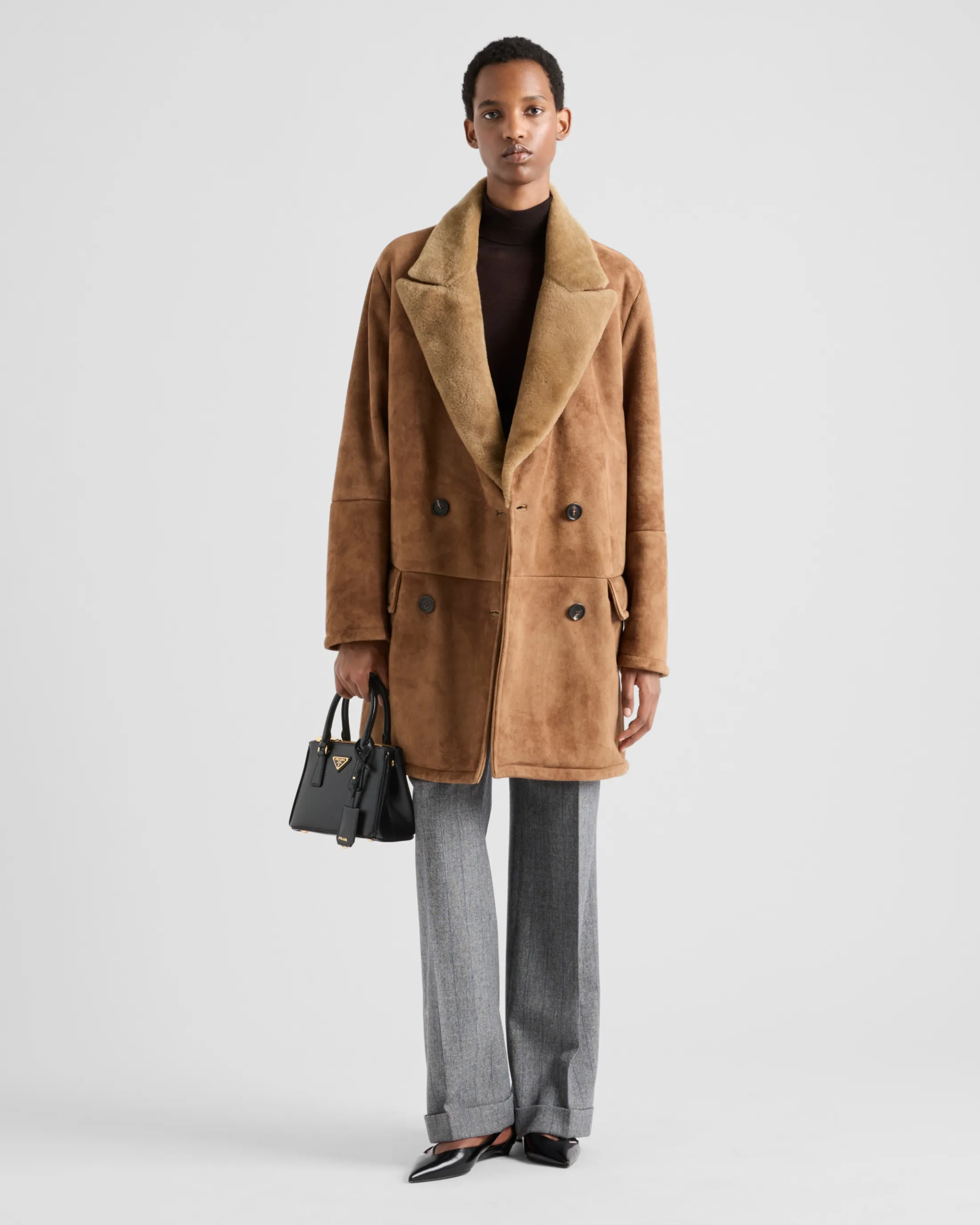 Prada Double-breasted shearling coat Camelbrown Clearance