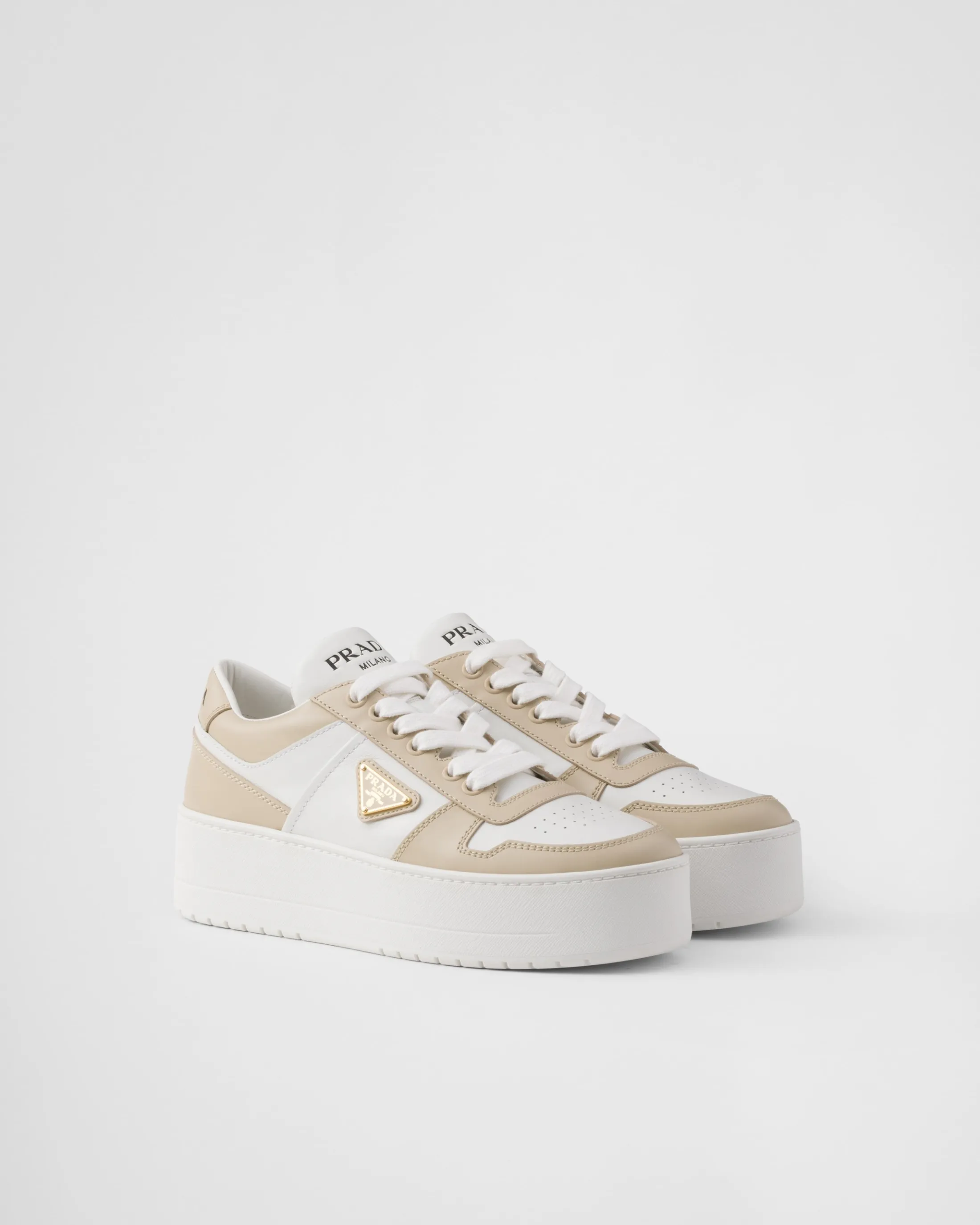 Prada Downtown Bold leather sneakers Desert/white Sale