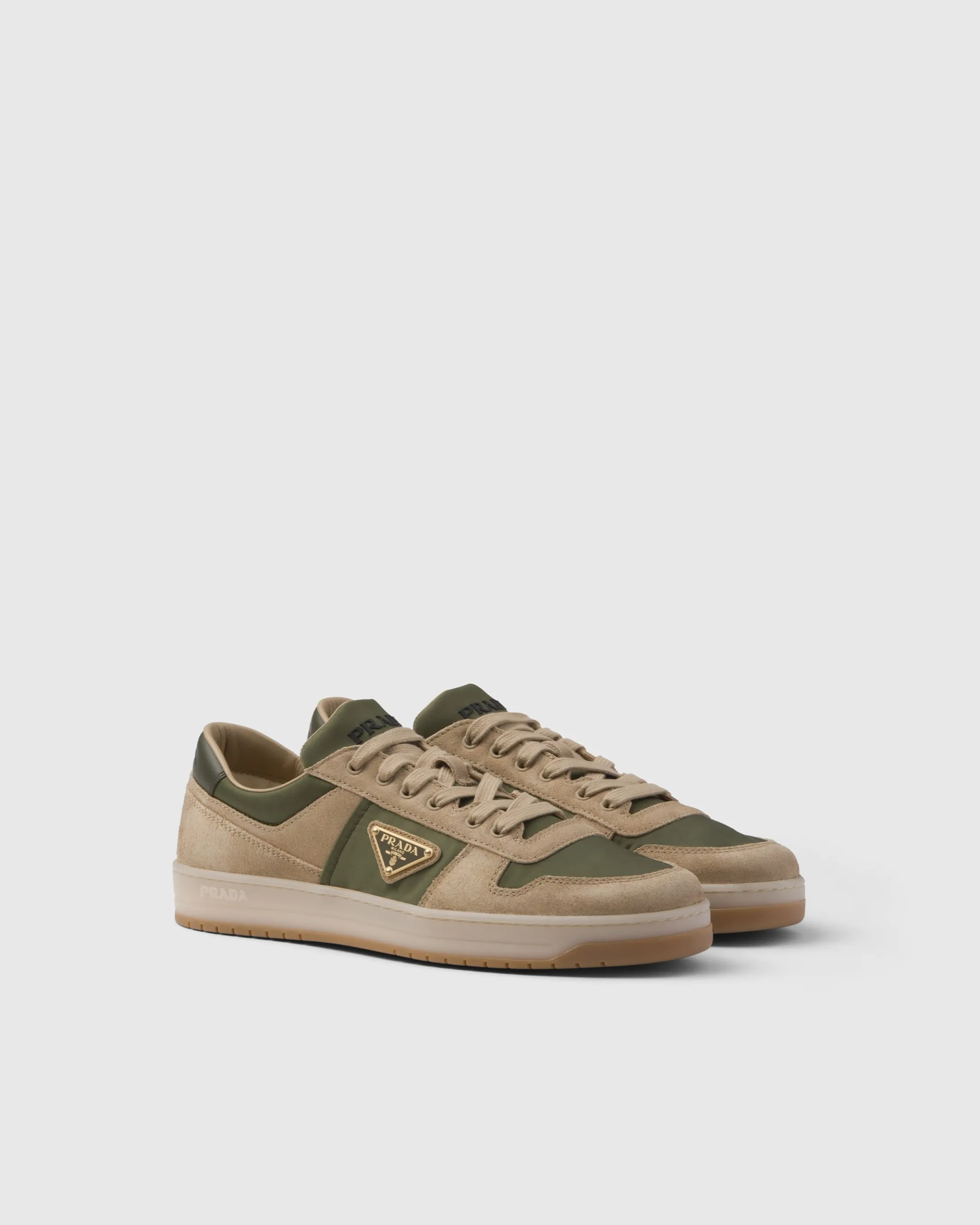 Prada Downtown delavé suede and Re-Nylon sneakers Ecru/military Online