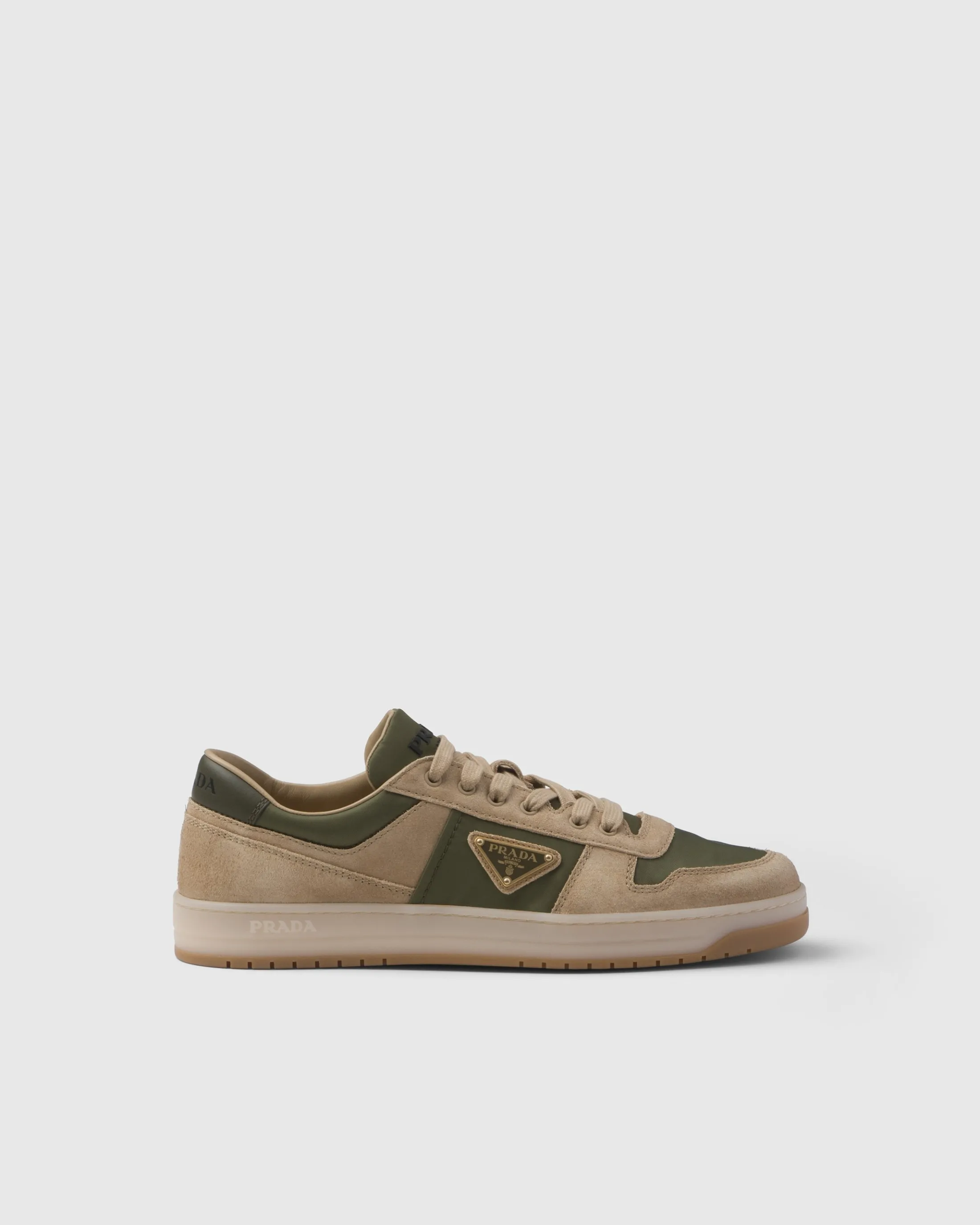 Prada Downtown delavé suede and Re-Nylon sneakers Ecru/military Online