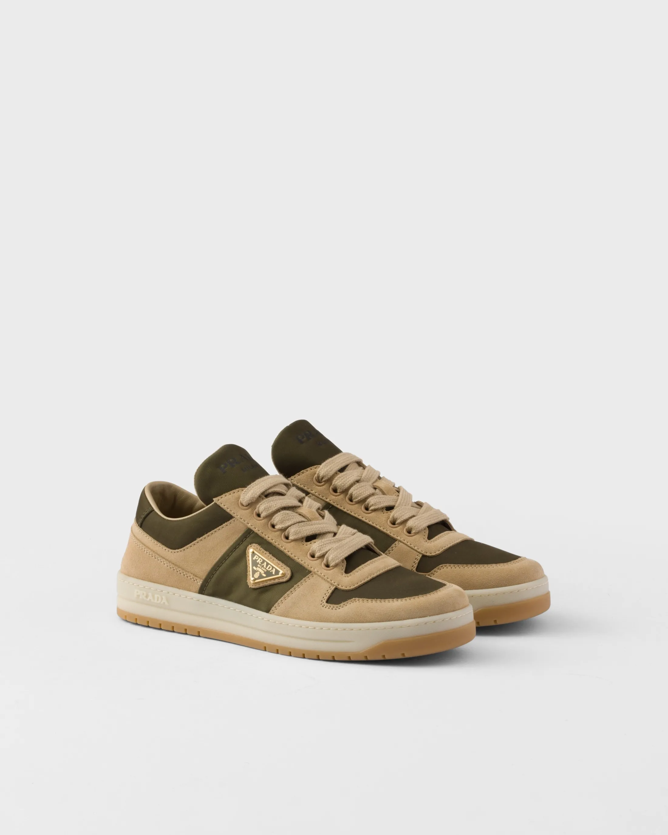 Prada Downtown suede and Re-Nylon sneakers Ecru/military Outlet