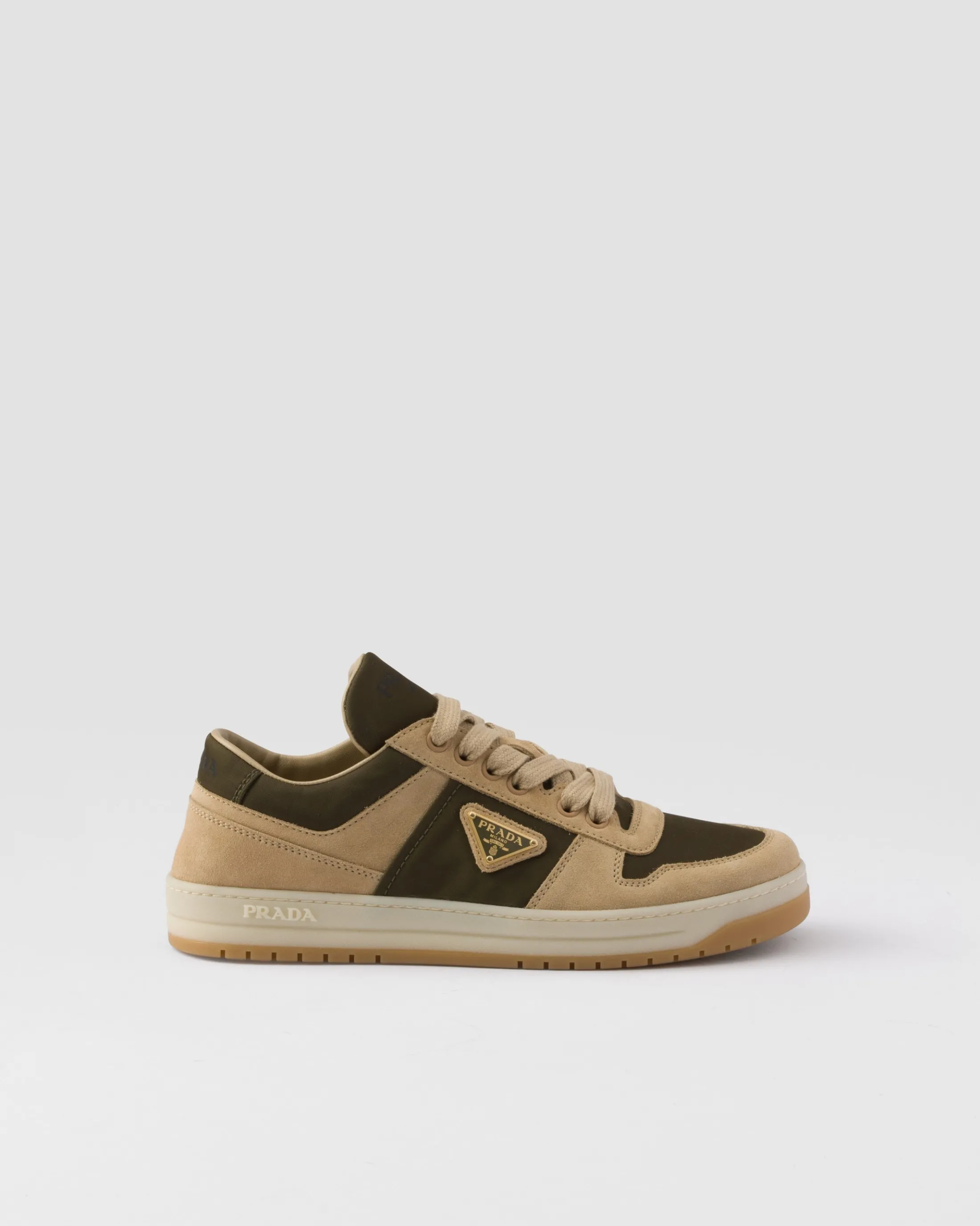 Prada Downtown suede and Re-Nylon sneakers Ecru/military Outlet