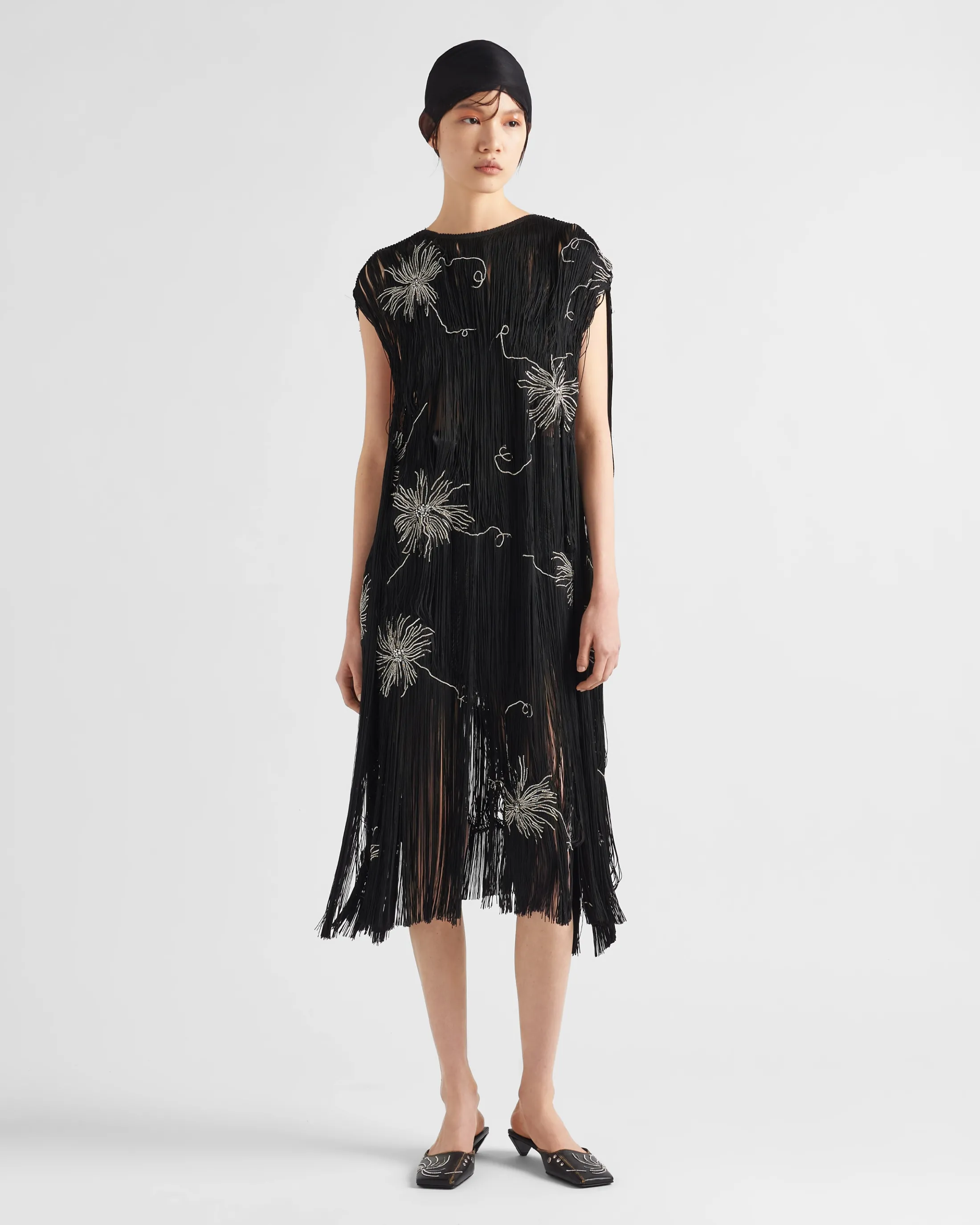 Prada Embroidered dress with fringe Black Sale