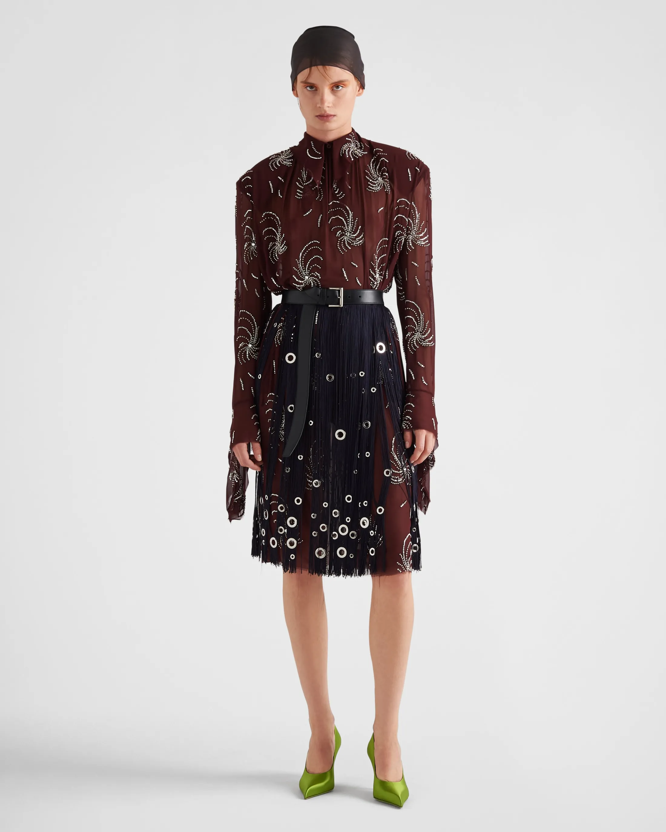 Prada Embroidered georgette dress Burgundy Flash Sale