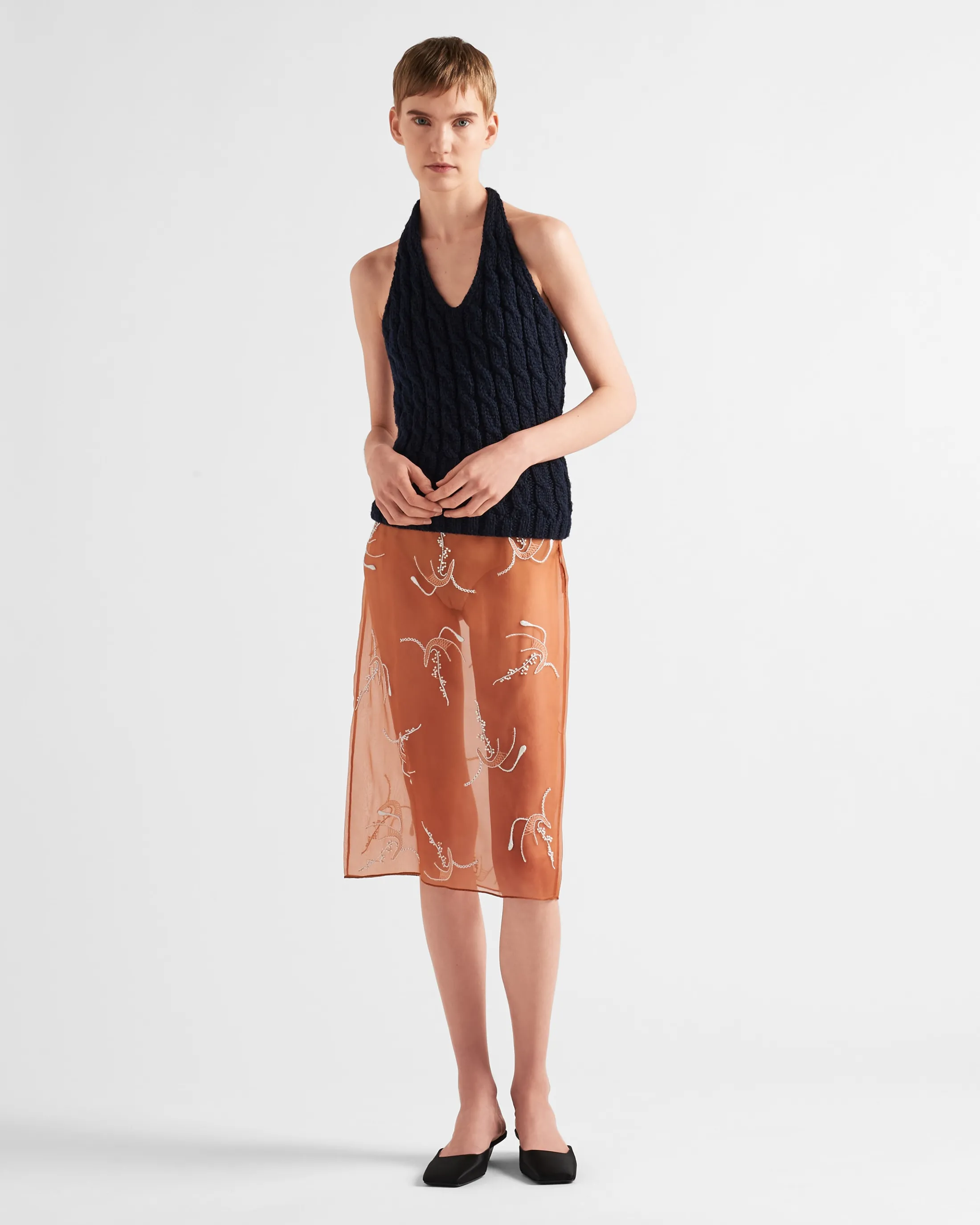 Prada Embroidered organza midi-skirt Rust Best