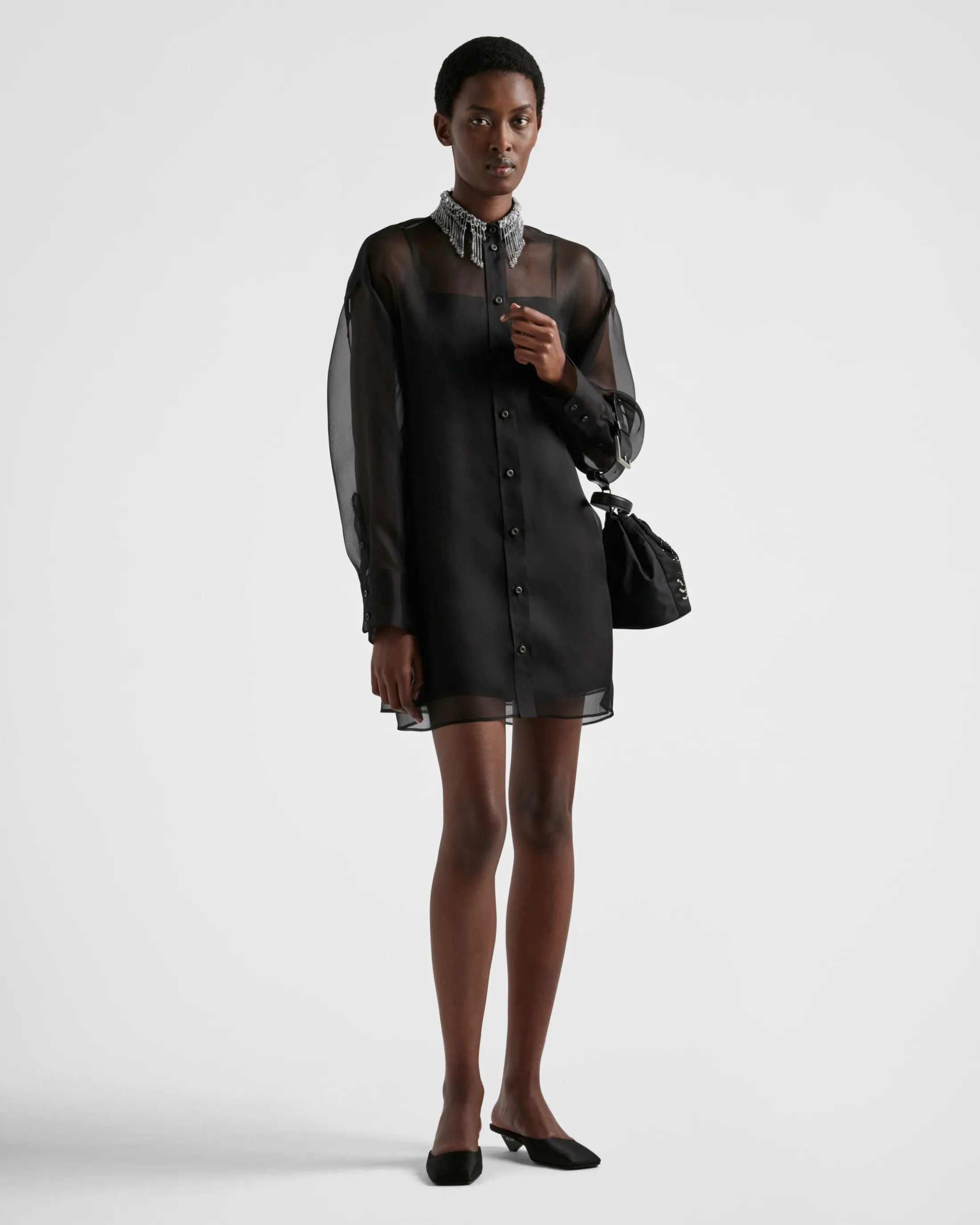 Prada Embroidered organza mini-dress Black Clearance