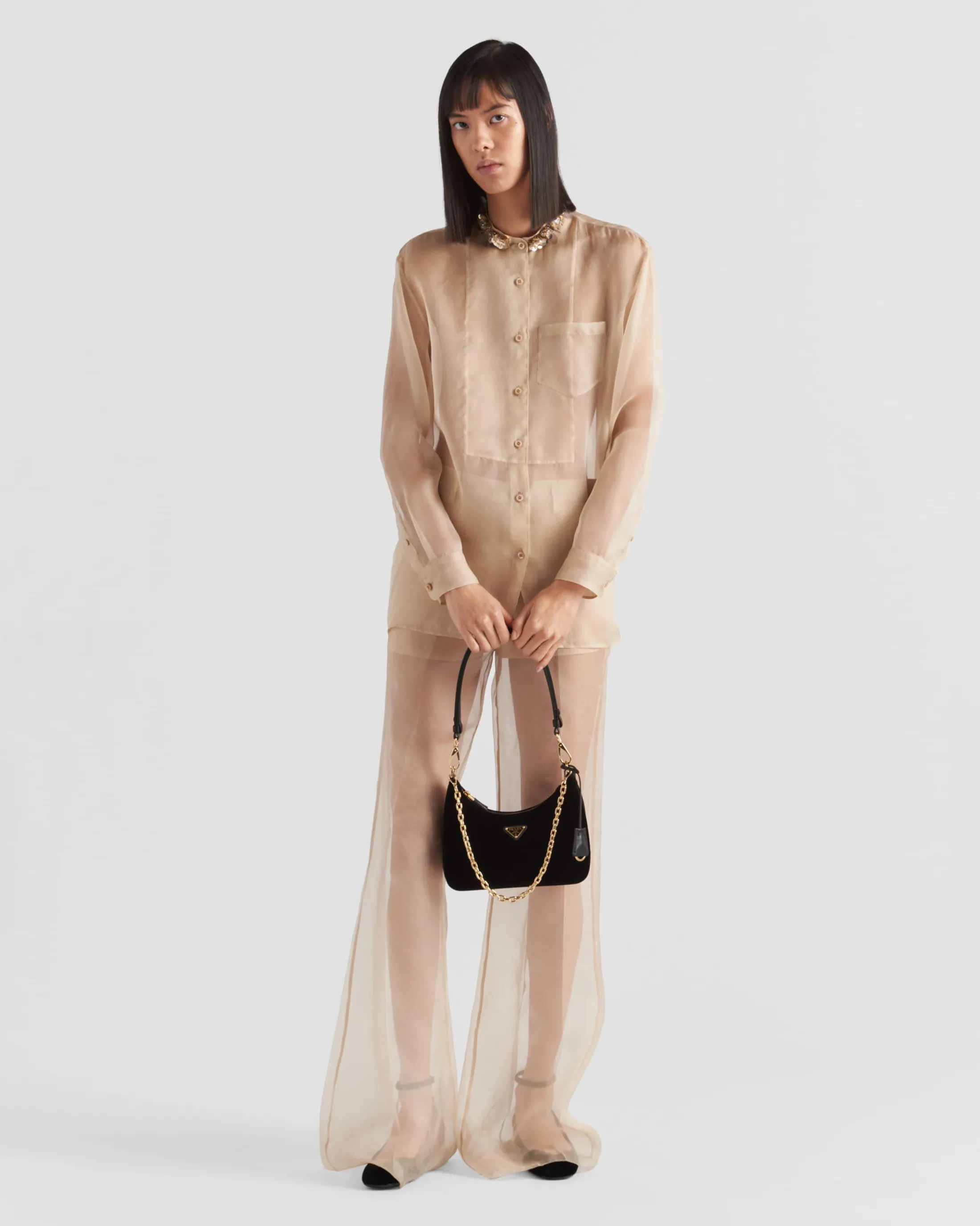 Prada Embroidered organza shirt Desertbeige Fashion