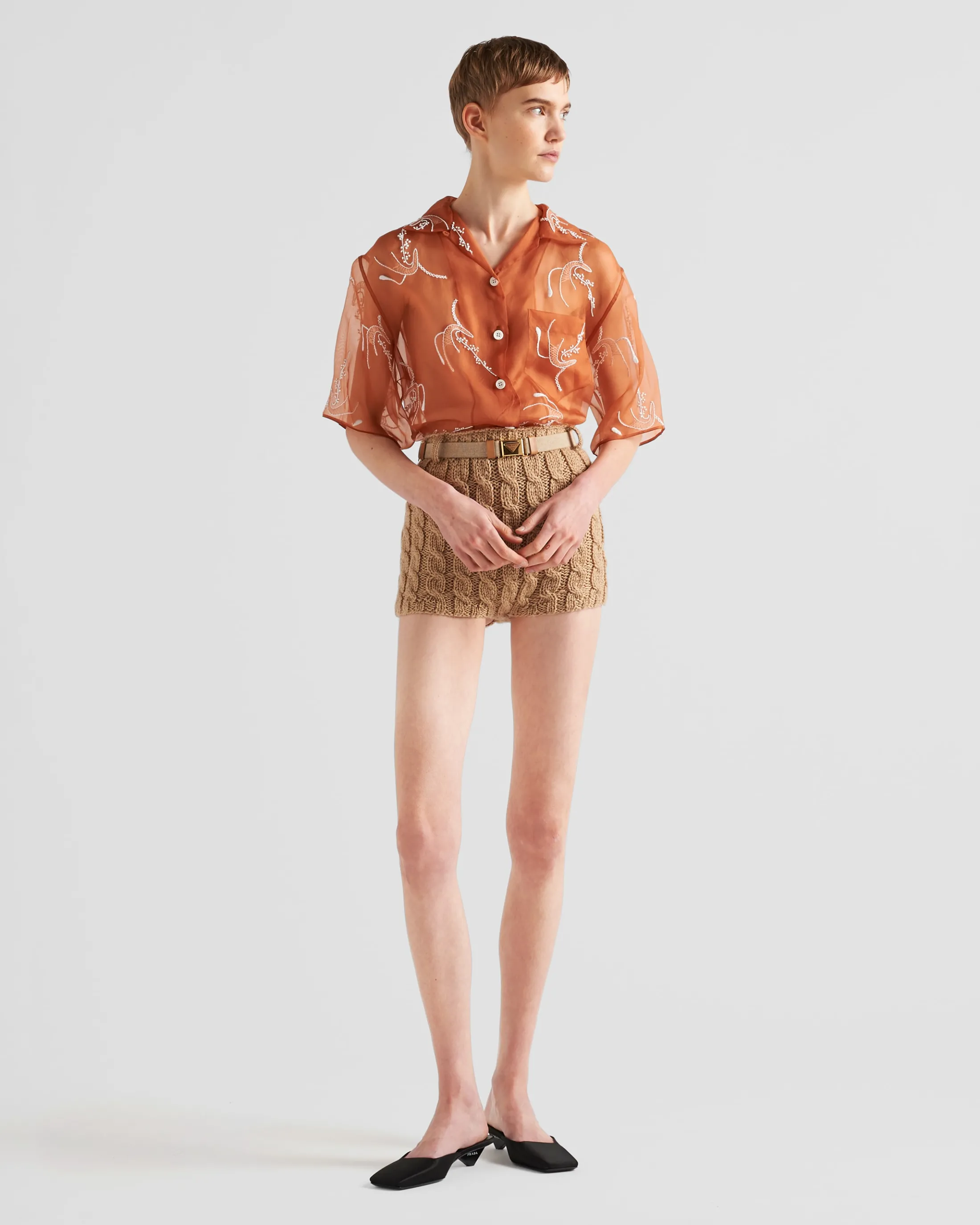 Prada Embroidered organza shirt Rust Cheap