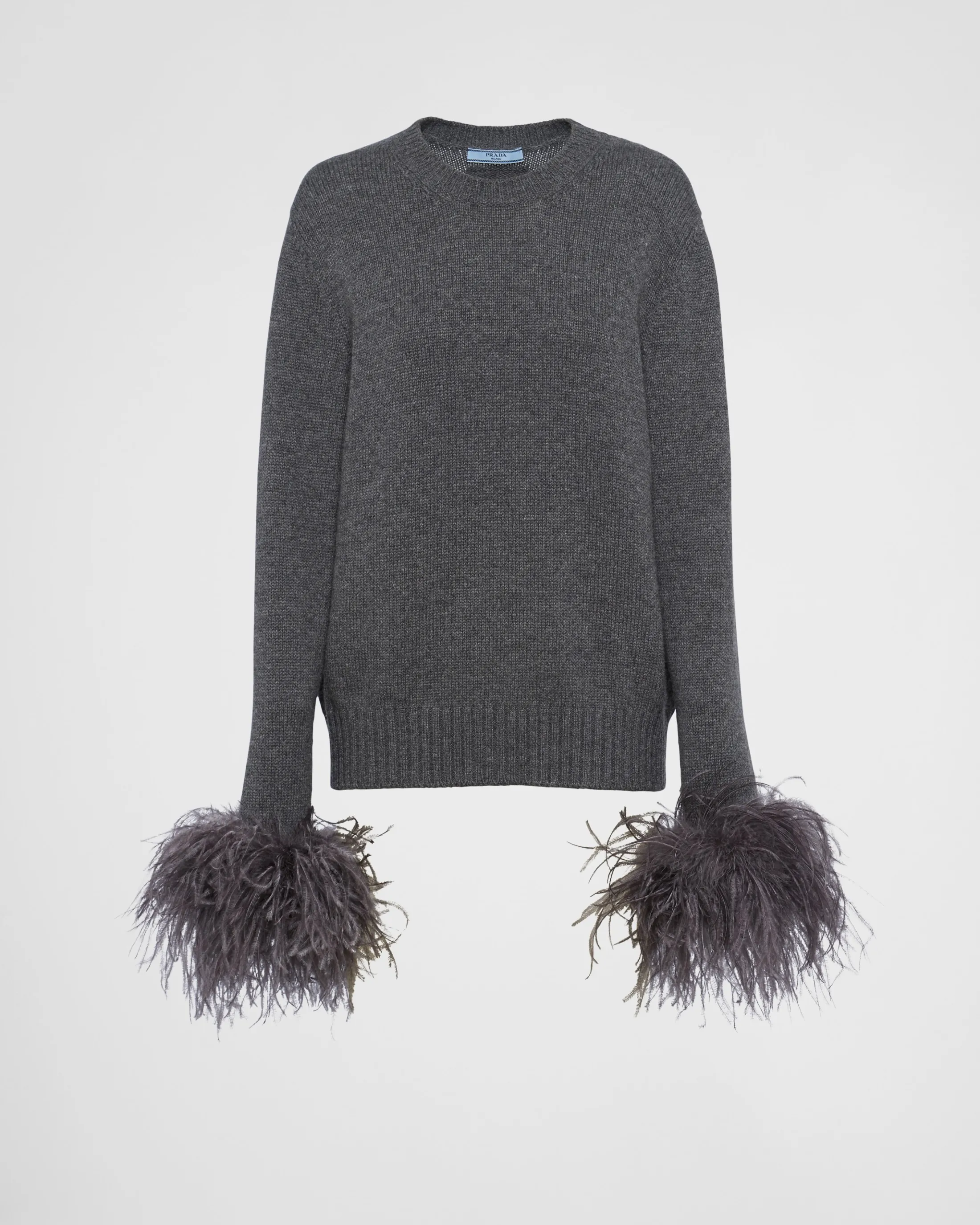 Prada Feather-trimmed cashmere crew-neck sweater Slategray Flash Sale