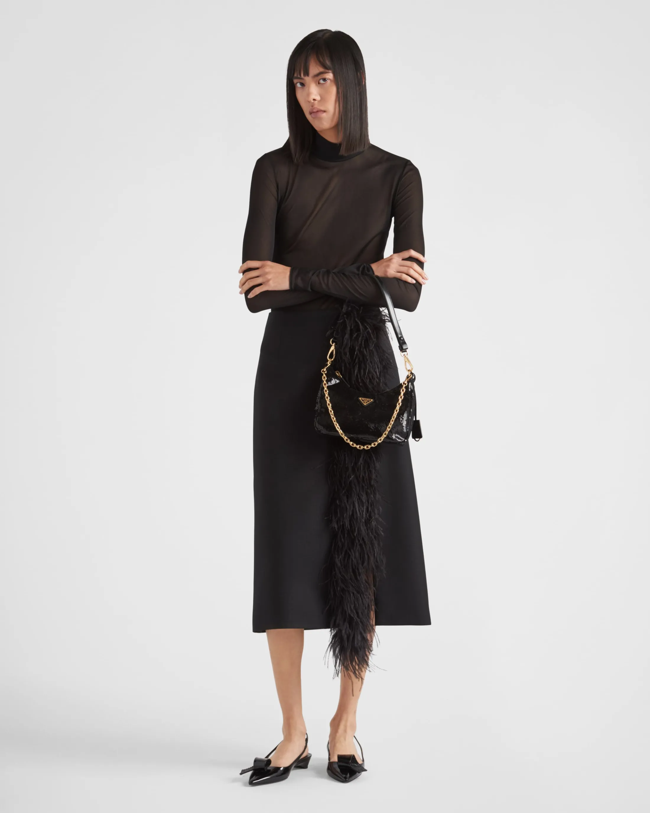 Prada Feather-trimmed wool midi-skirt Black Clearance