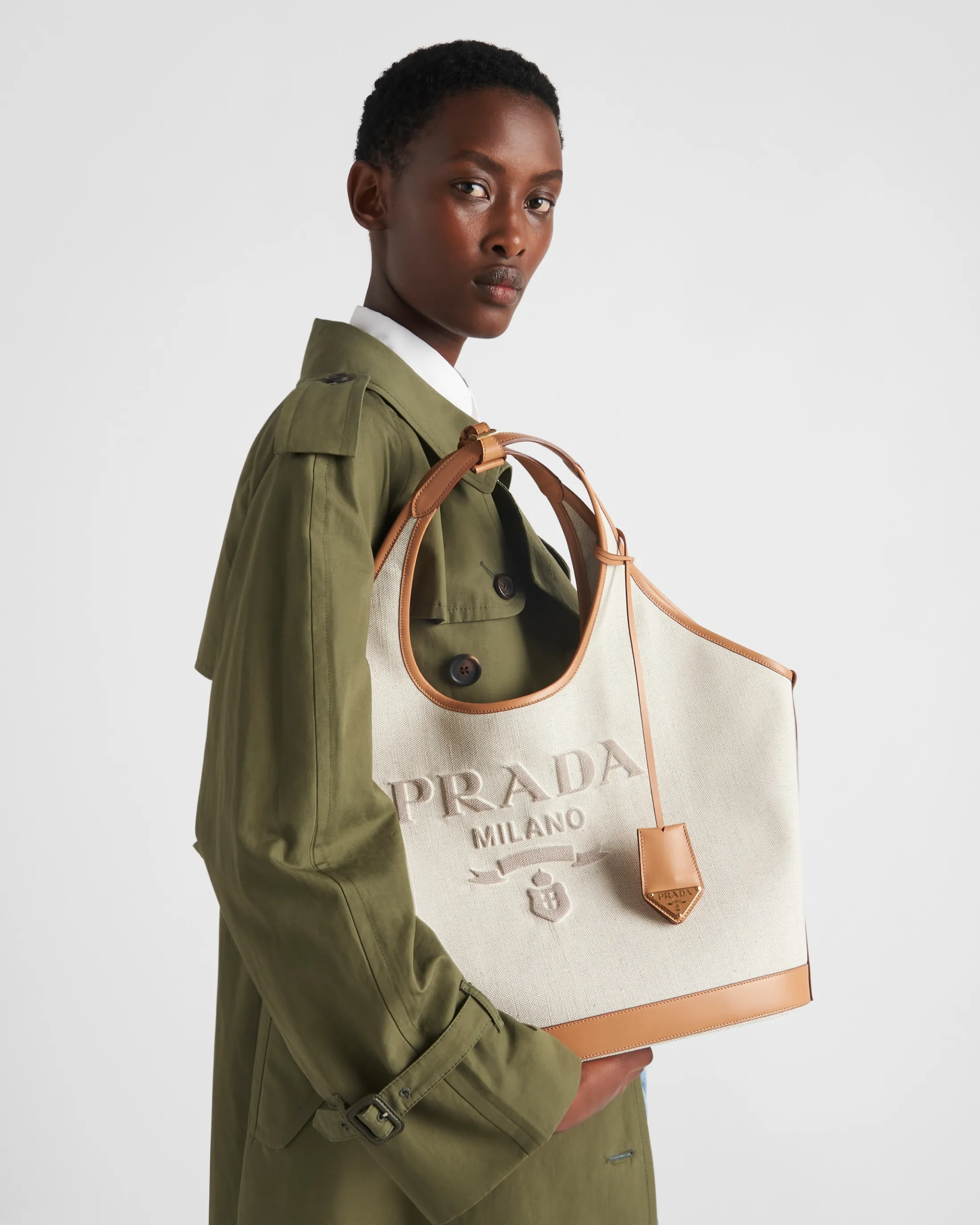 Prada Large linen blend and leather tote bag Natural Online