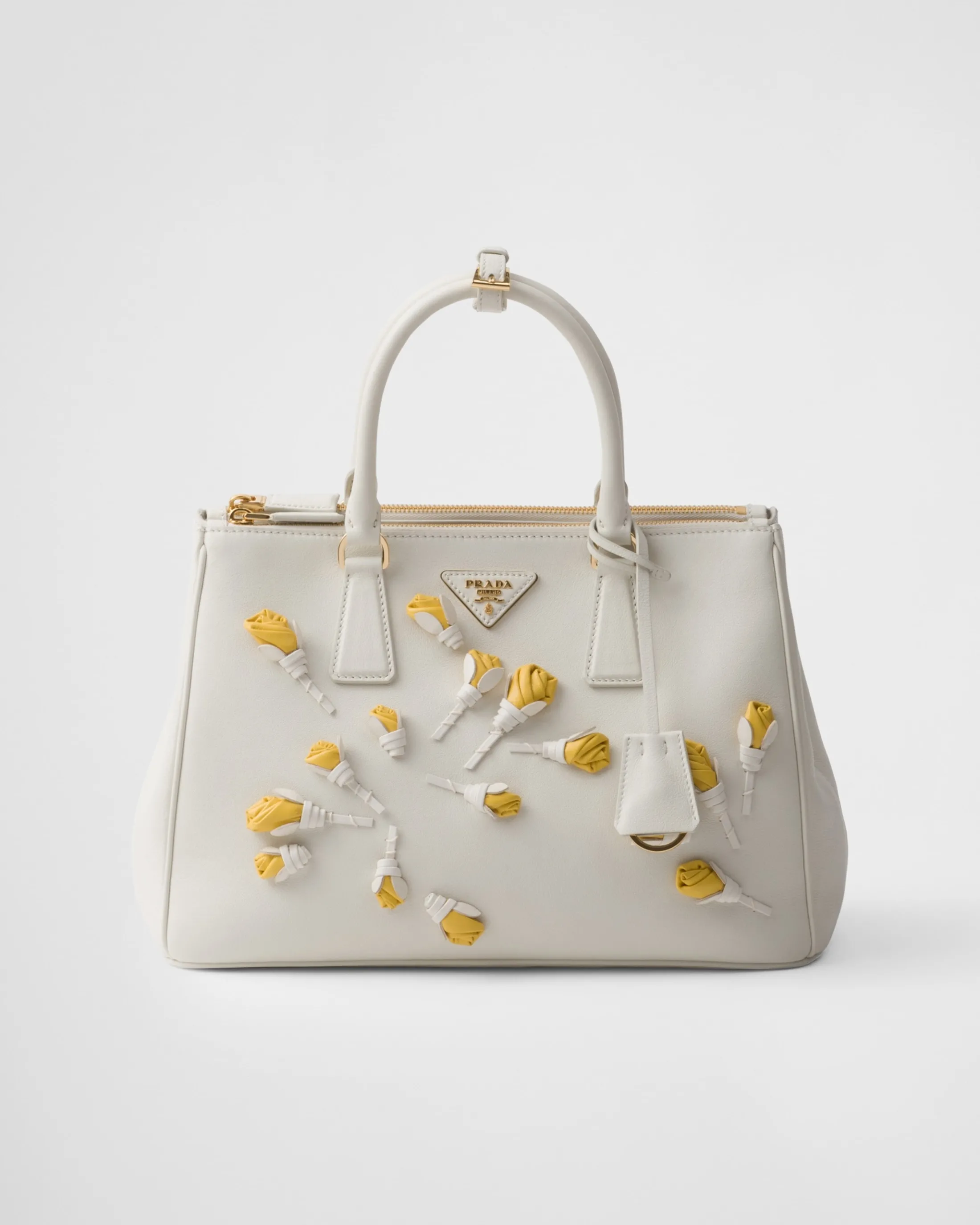 Prada Large Galleria leather bag with floral appliqués White/sunshineyellow Fashion