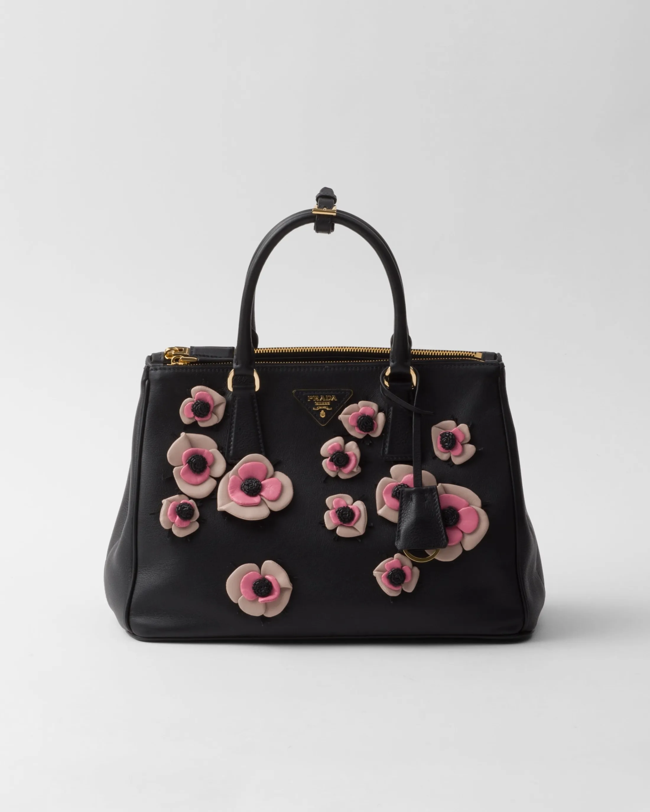 Prada Large Galleria leather bag with floral appliqués Black/geranium Clearance