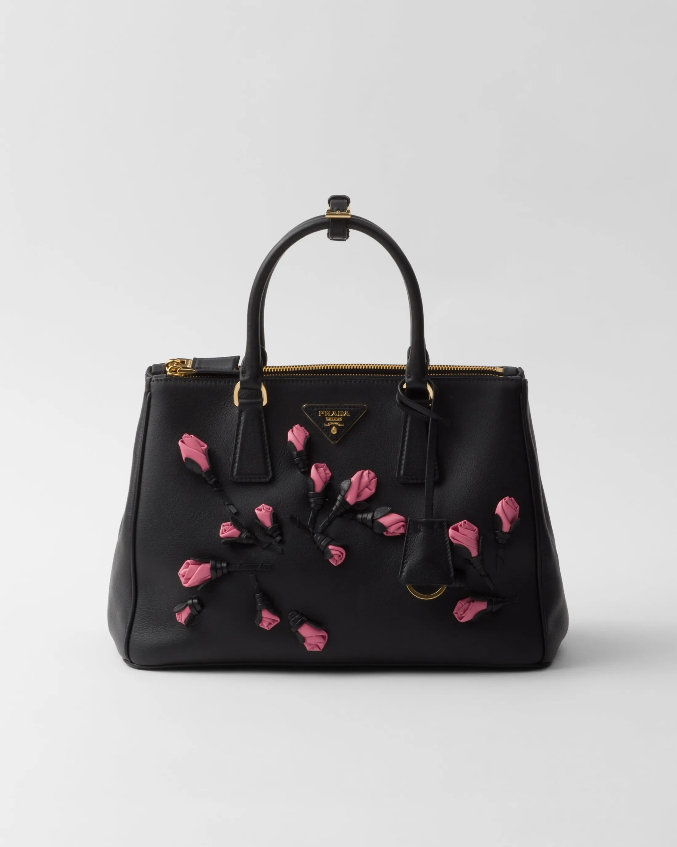 Prada Large Galleria leather bag with floral appliqués Black/geranium Clearance