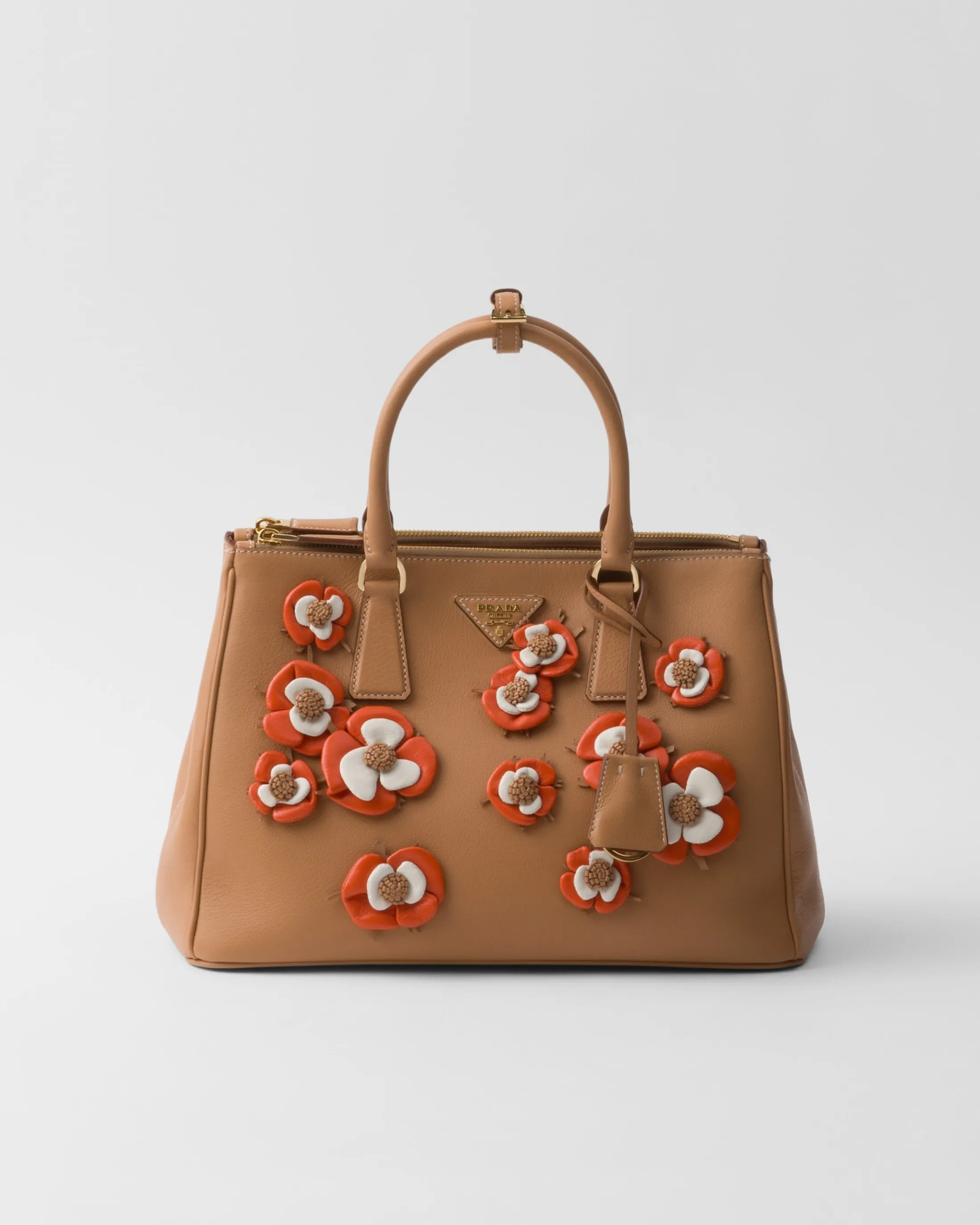 Prada Large Galleria leather bag with floral appliqués Natural/orange Shop