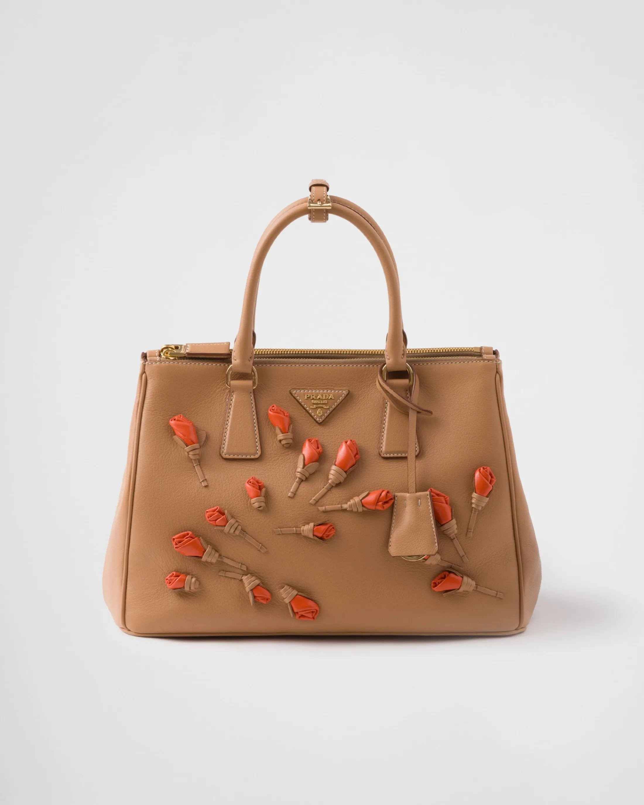 Prada Large Galleria leather bag with floral appliqués Natural/orange Shop