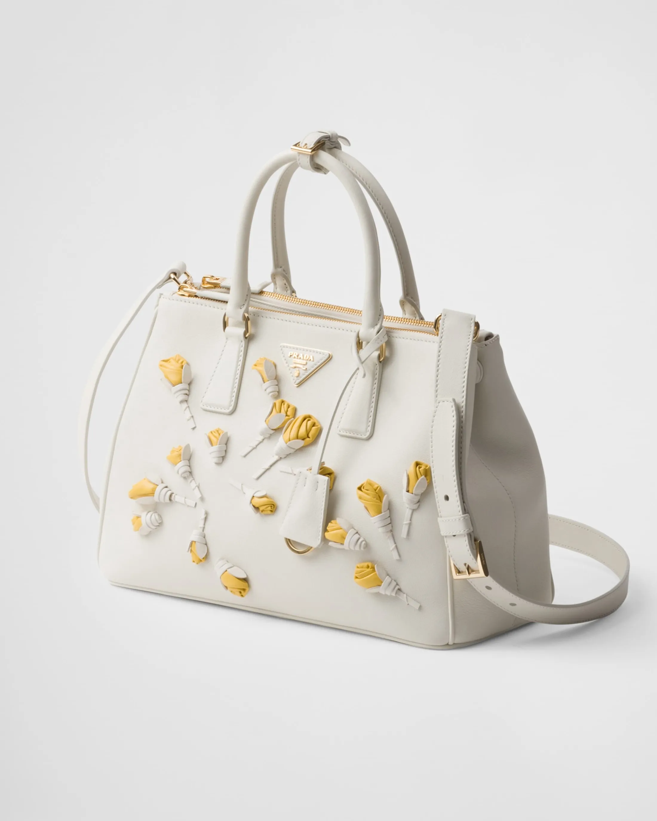 Prada Large Galleria leather bag with floral appliqués White/sunshineyellow Fashion