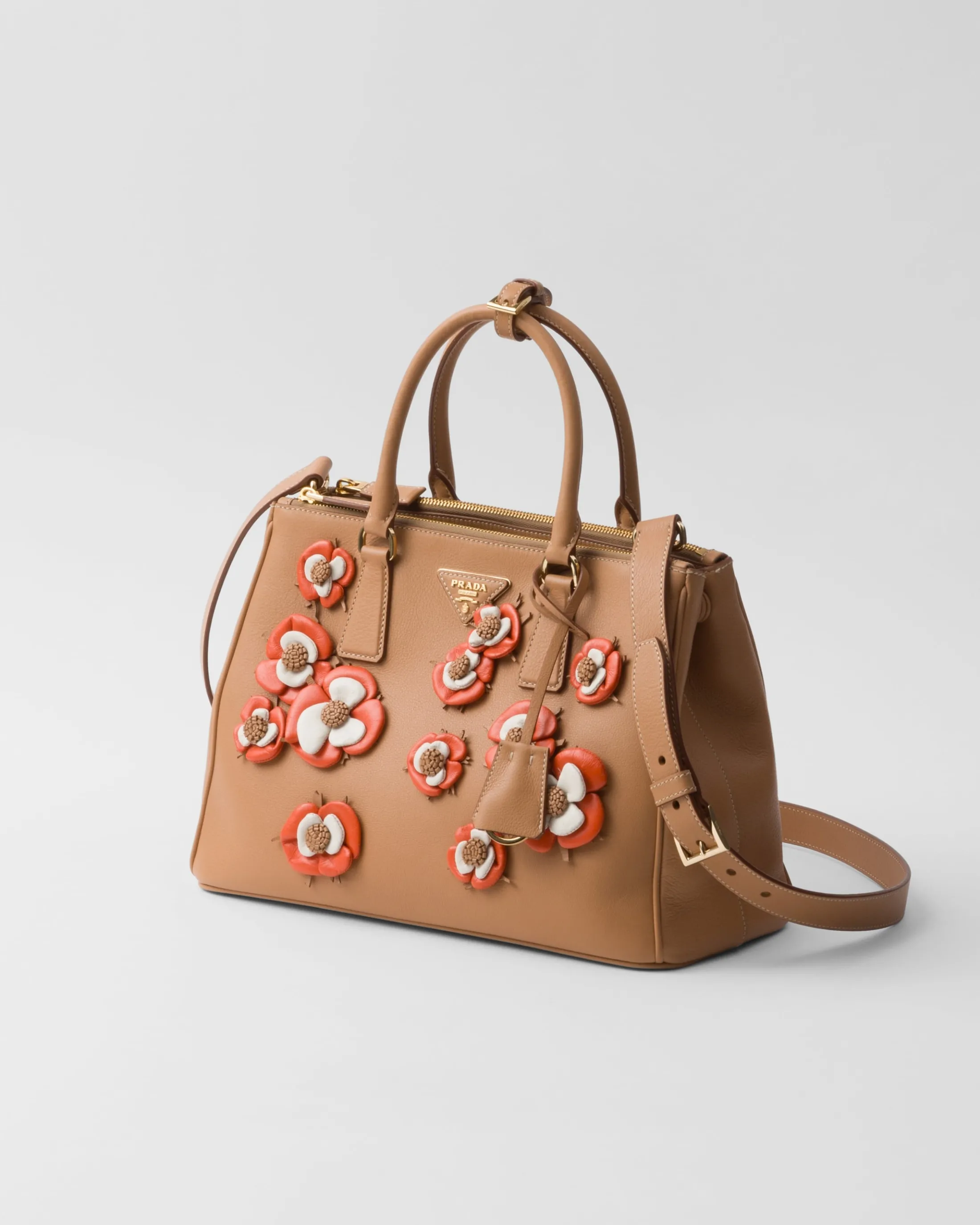 Prada Large Galleria leather bag with floral appliqués Natural/orange Shop