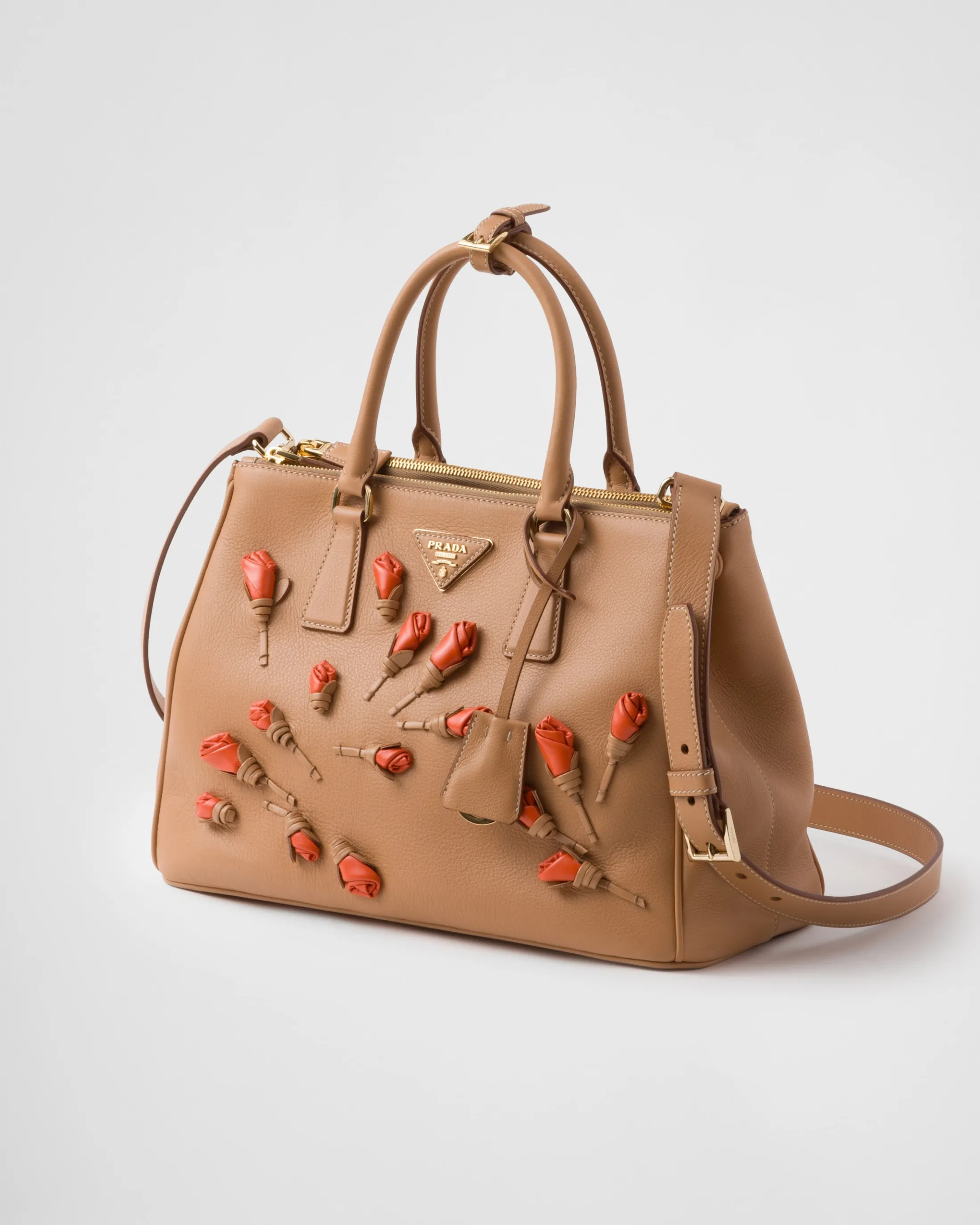 Prada Large Galleria leather bag with floral appliqués Natural/orange Shop