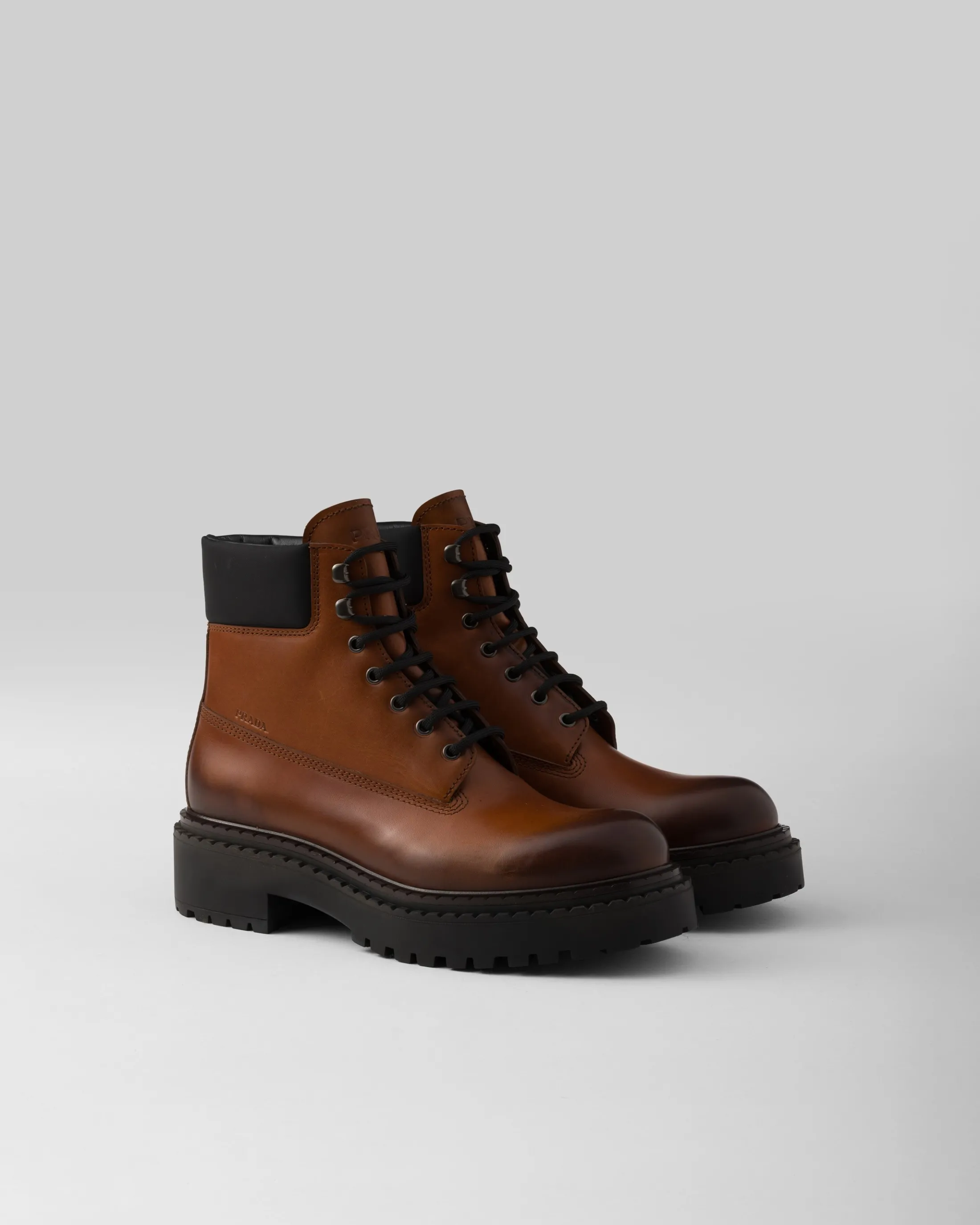 Prada Leather and Re-Nylon work boots Cognac Fashion