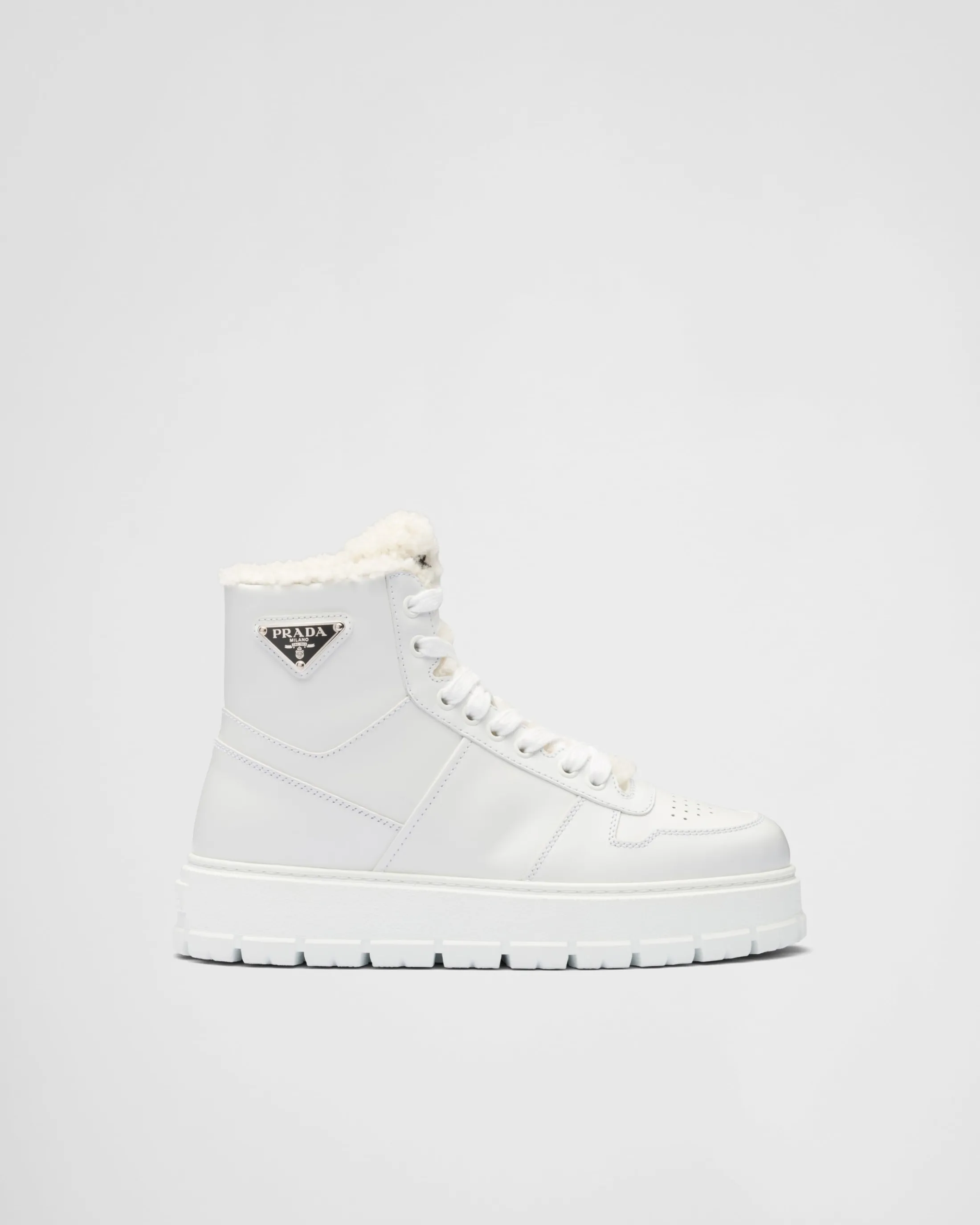 Prada Leather and shearling high-top sneakers White Clearance